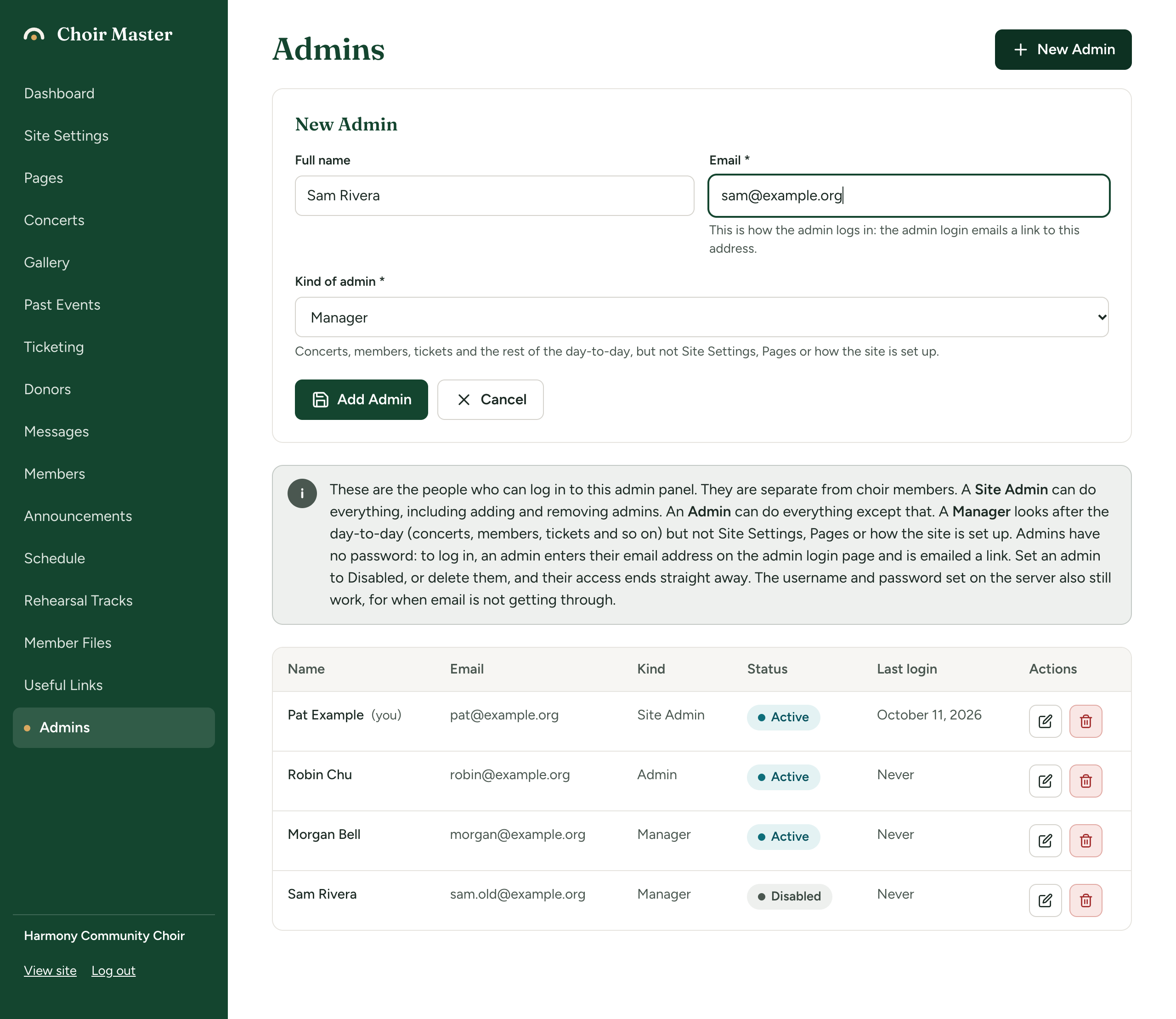 The New Admin form with a name and email address filled in and Manager chosen as the kind of admin, with its explanation underneath