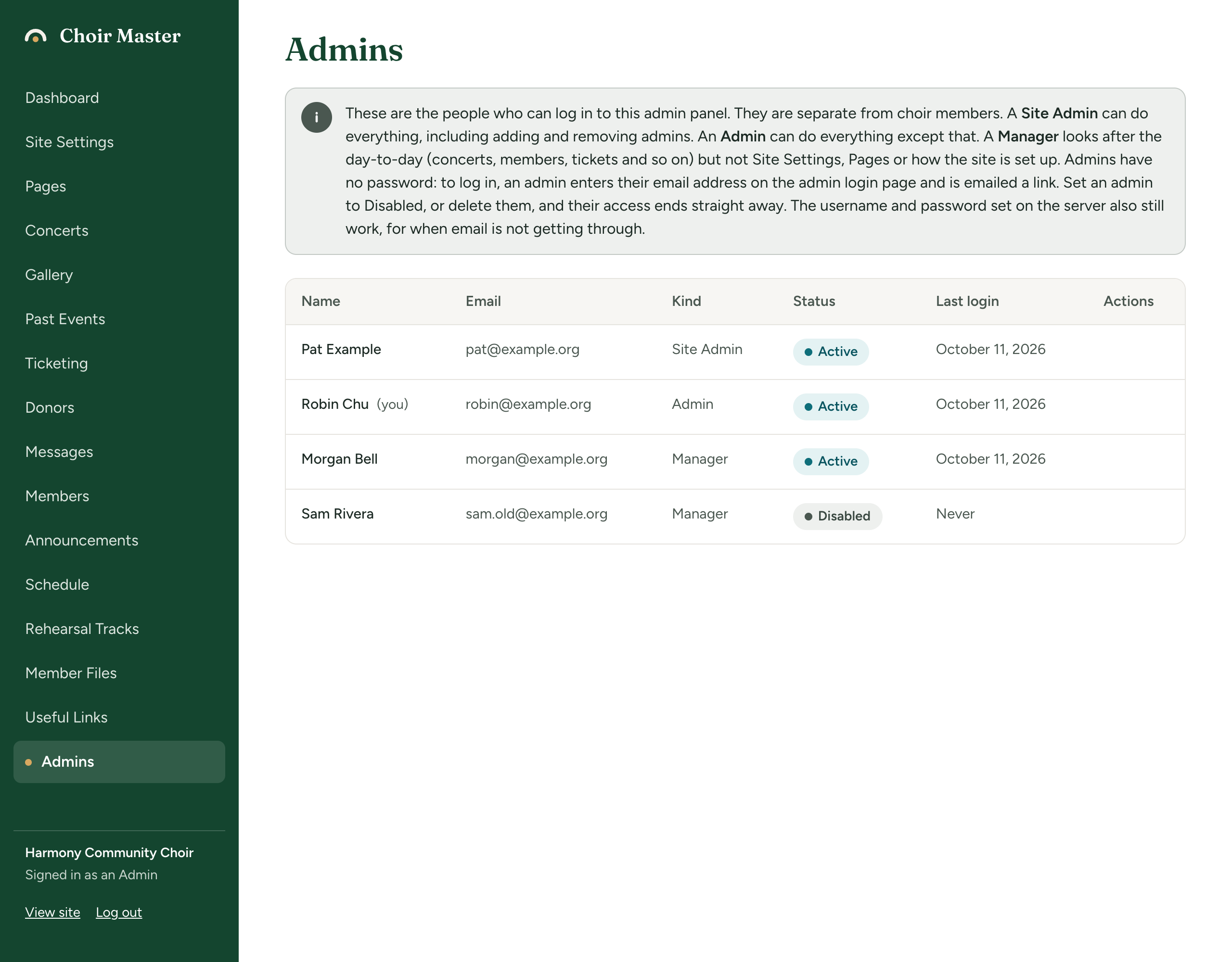 The Admins page as an Admin: the same list with no New Admin button and no edit or delete buttons