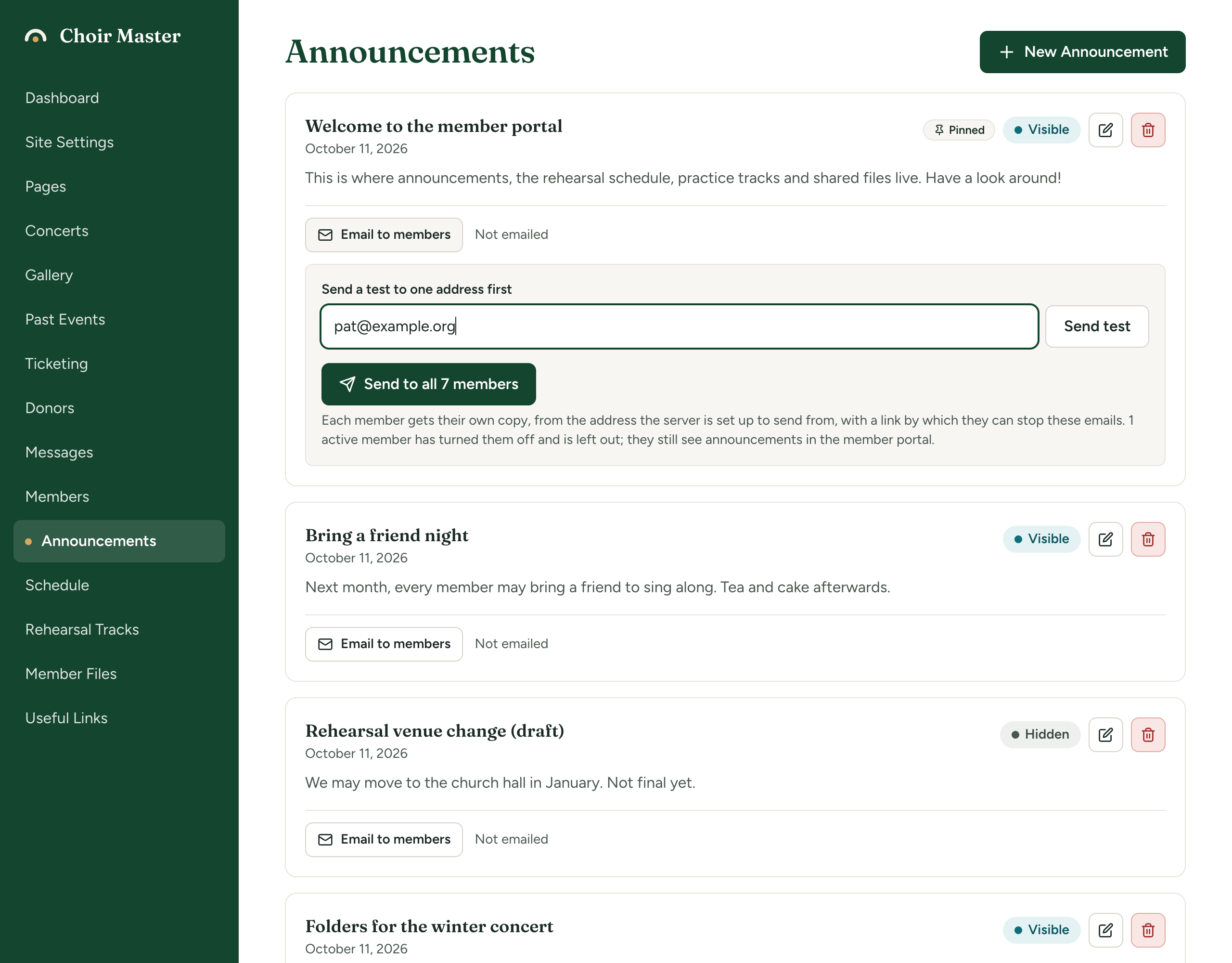 The Email to members panel open under an announcement, with the box Send a test to one address first and the button Send to all 24 active members