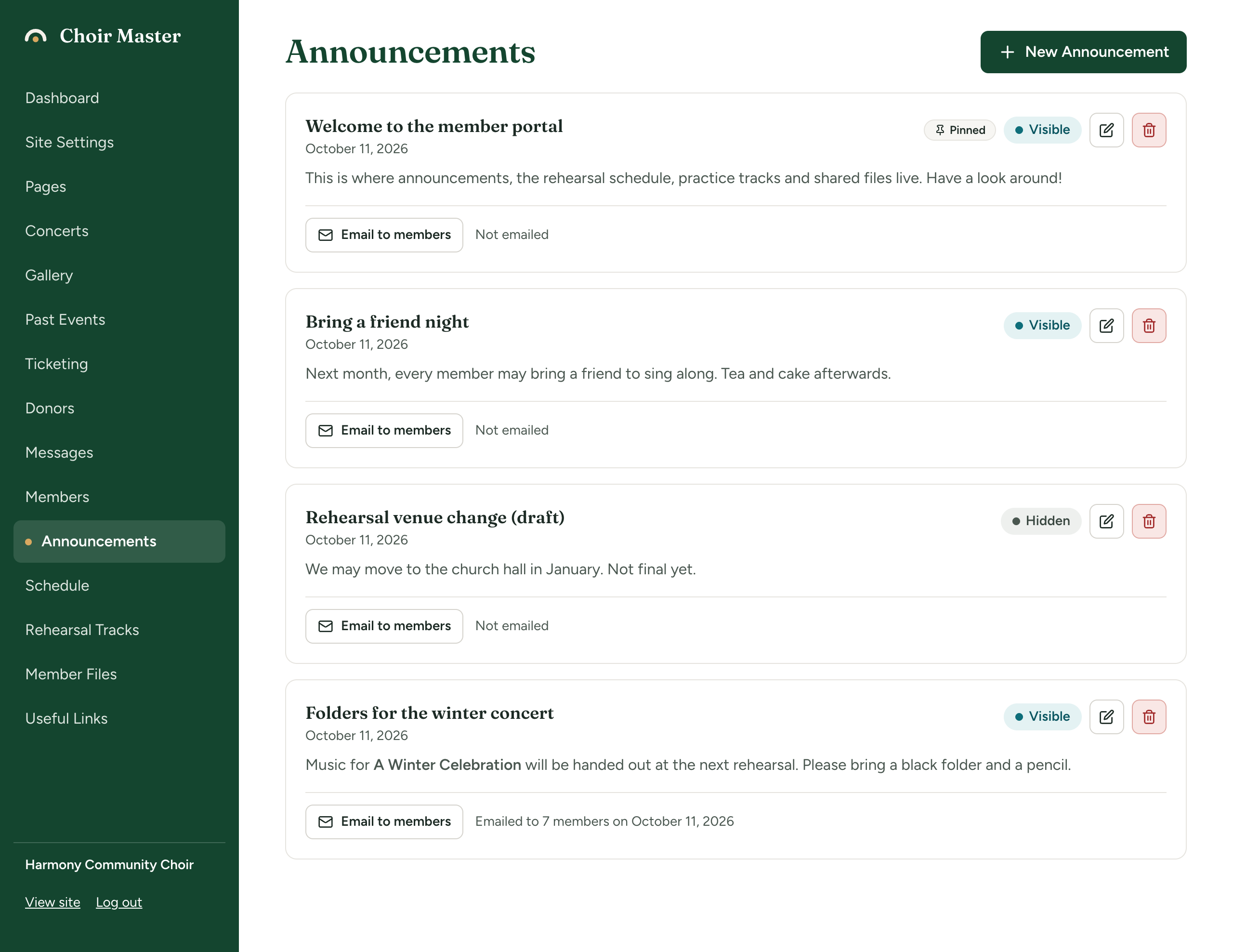 The Announcements page listing three announcements: one Pinned, one Hidden, and one whose status line reads Emailed to 24 members on a date