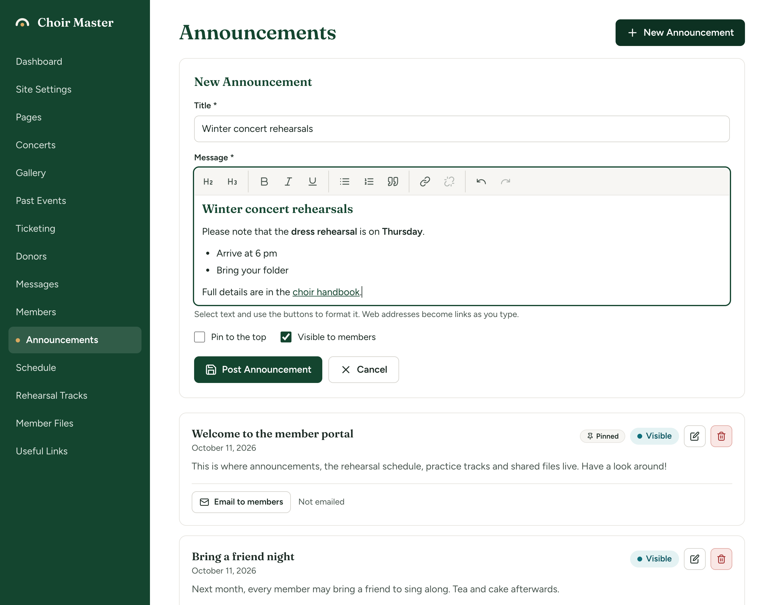 The New Announcement form with a title, a message containing a heading, bold text and a bulleted list, and the Pin to the top and Visible to members tick boxes
