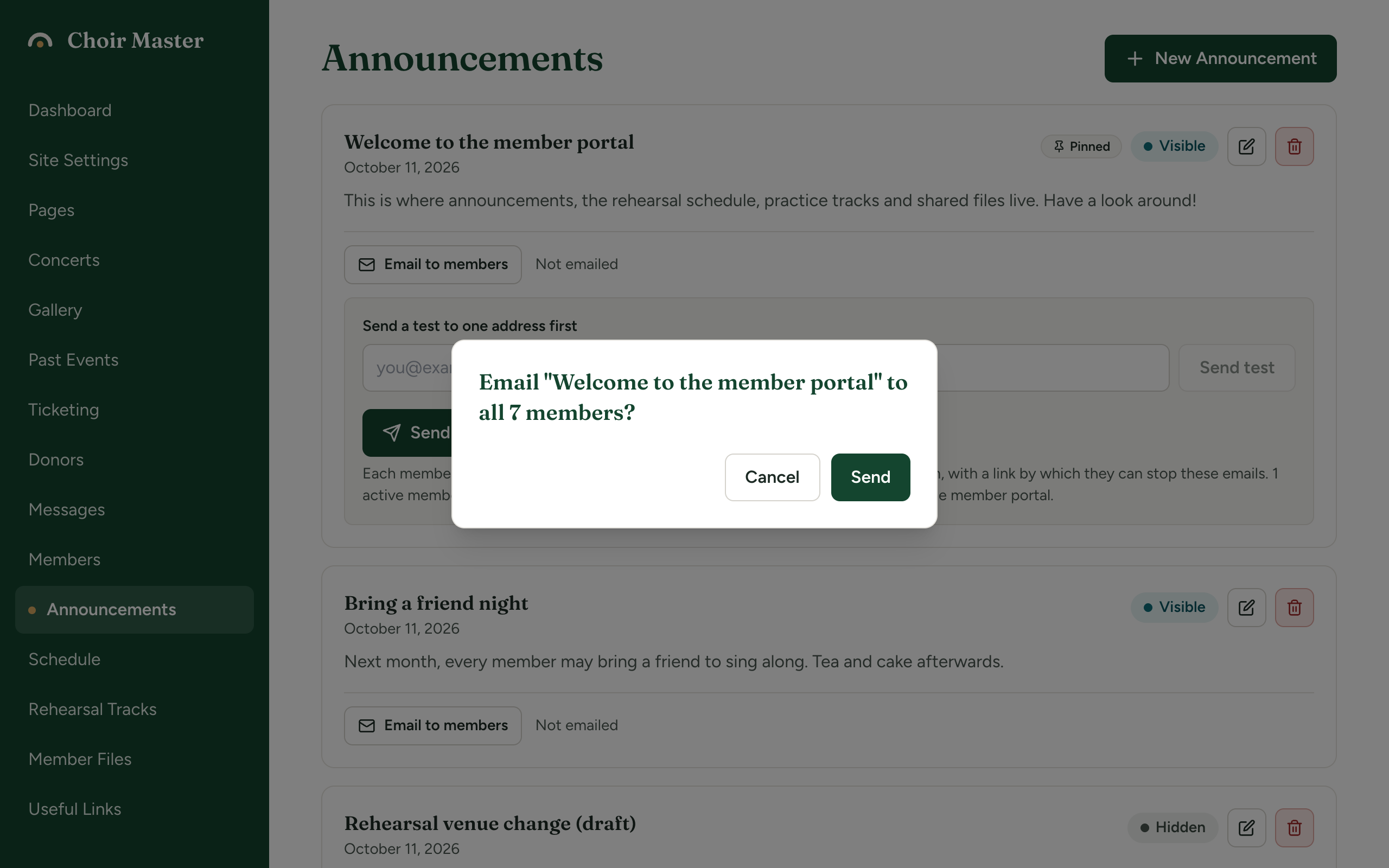 The confirmation box asking whether to email the announcement to all 24 active members, with the Send button