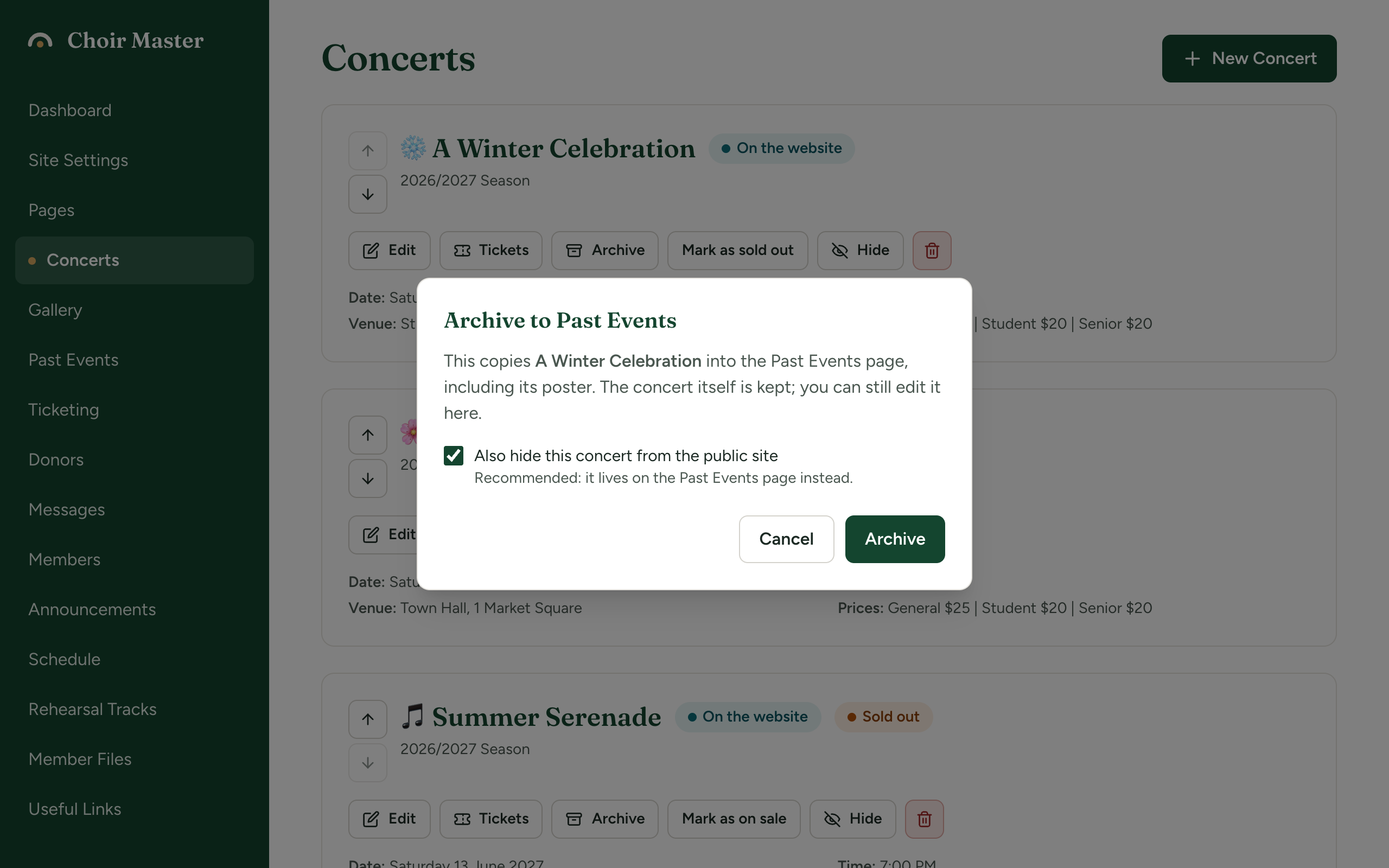 The Archive to Past Events dialog with Also hide this concert from the public site ticked