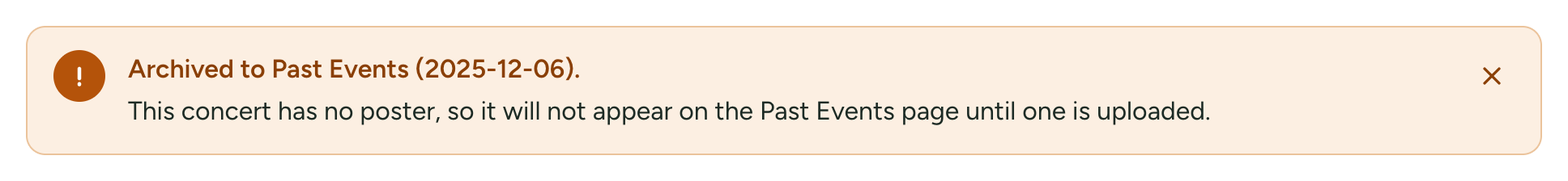 The amber banner on the Concerts page after archiving a concert that has no poster