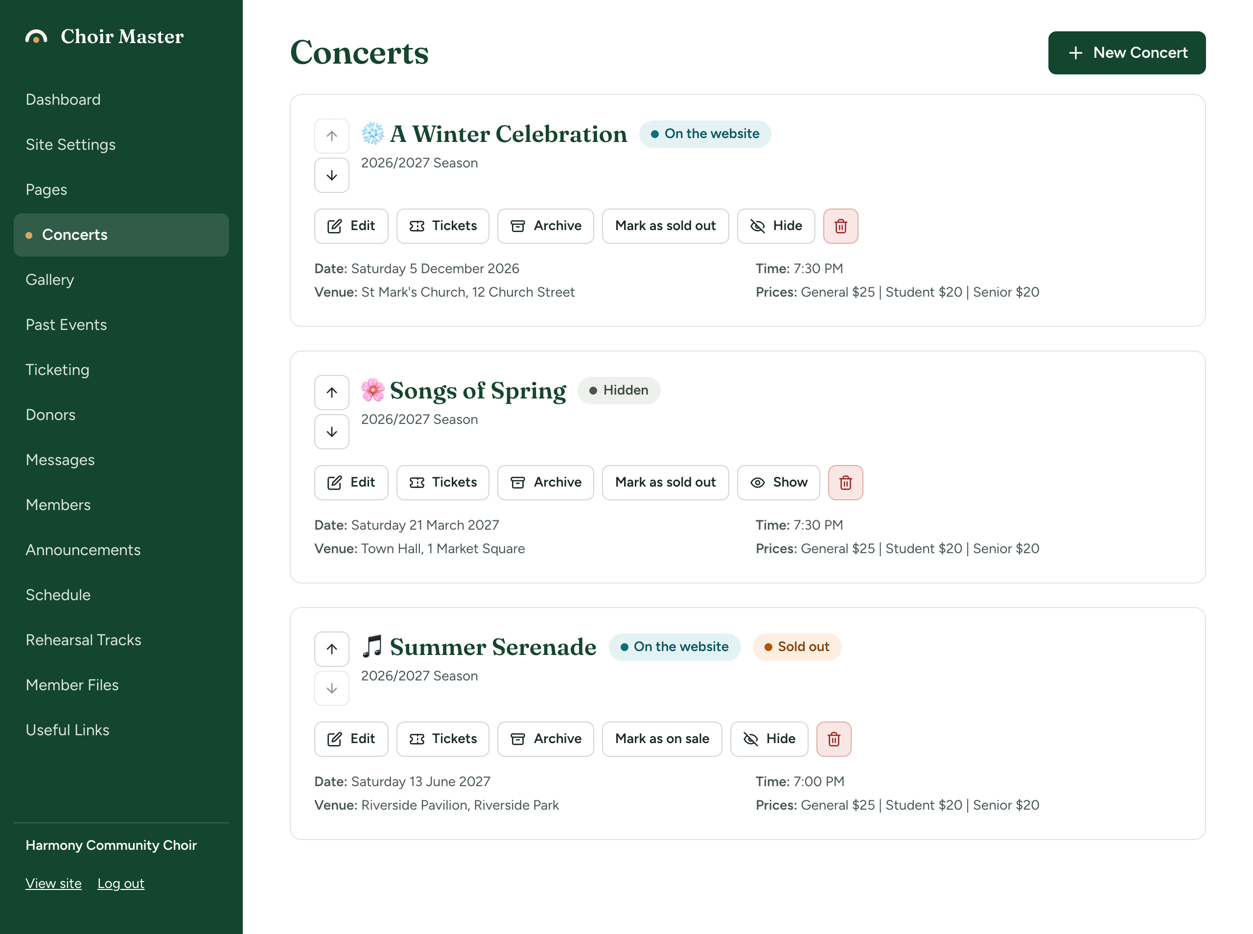 The Concerts list with three concerts, one on the website, one hidden and one sold out, and the buttons on each