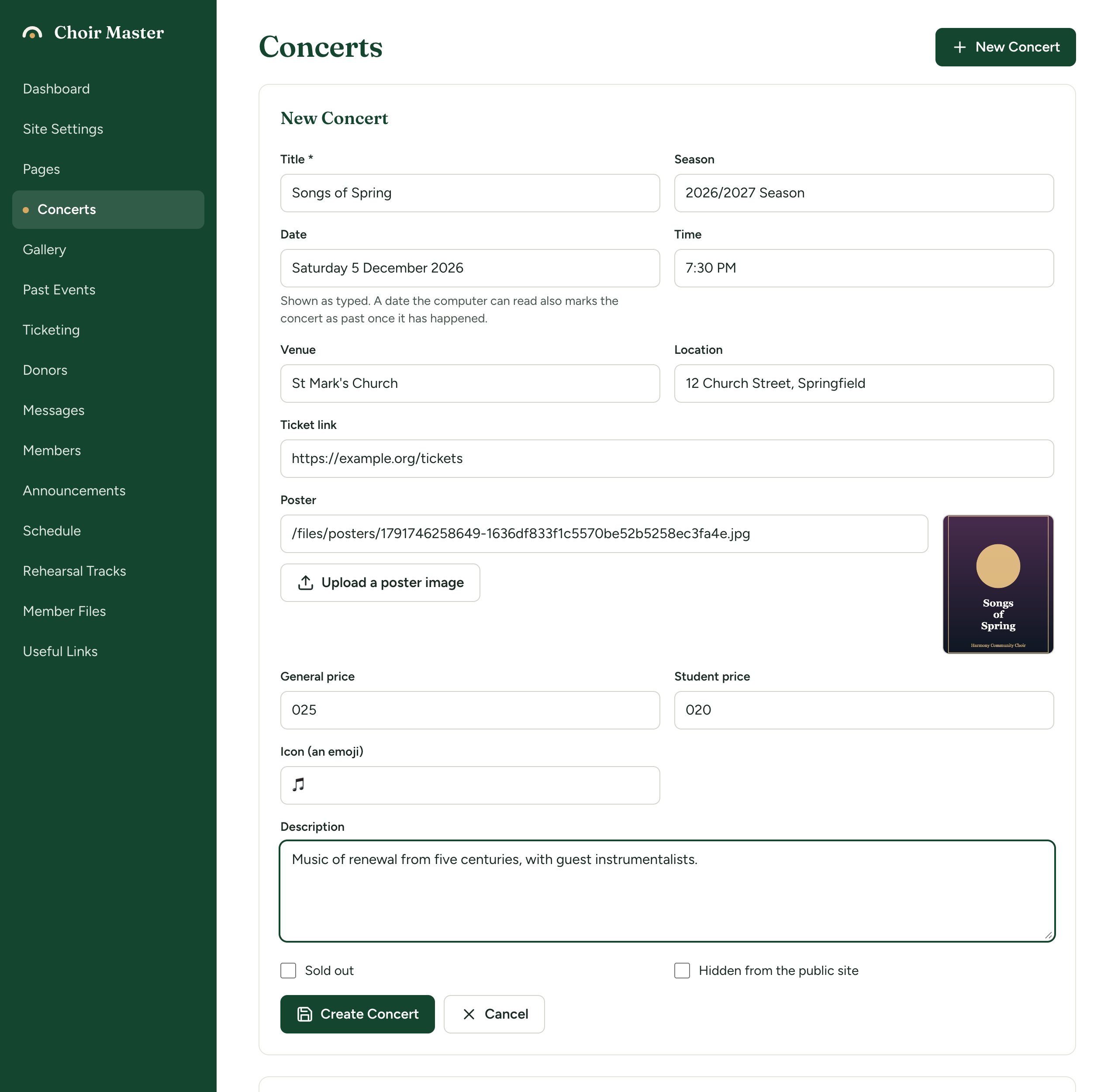 The New Concert form filled in with a sample concert and a preview of its poster