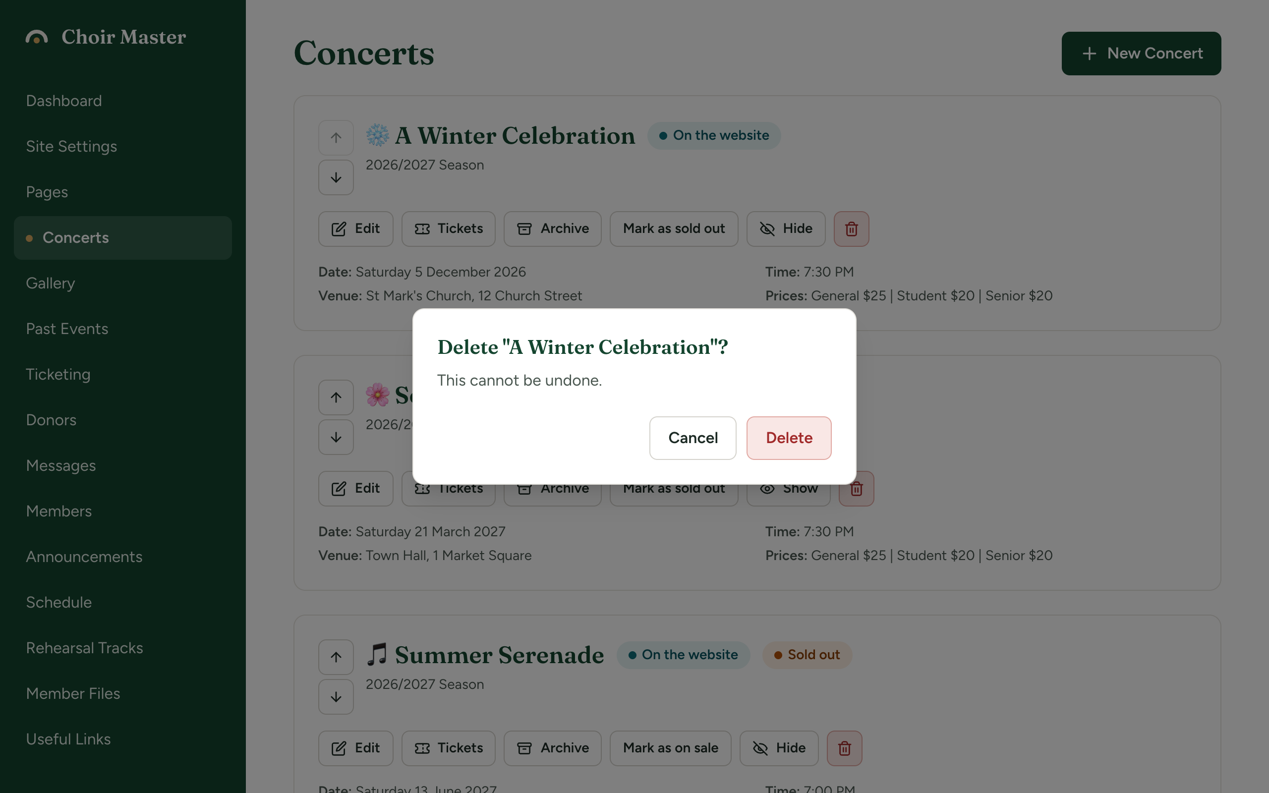 A confirmation dialog asking whether to delete a concert, with This cannot be undone and the Delete and Cancel buttons