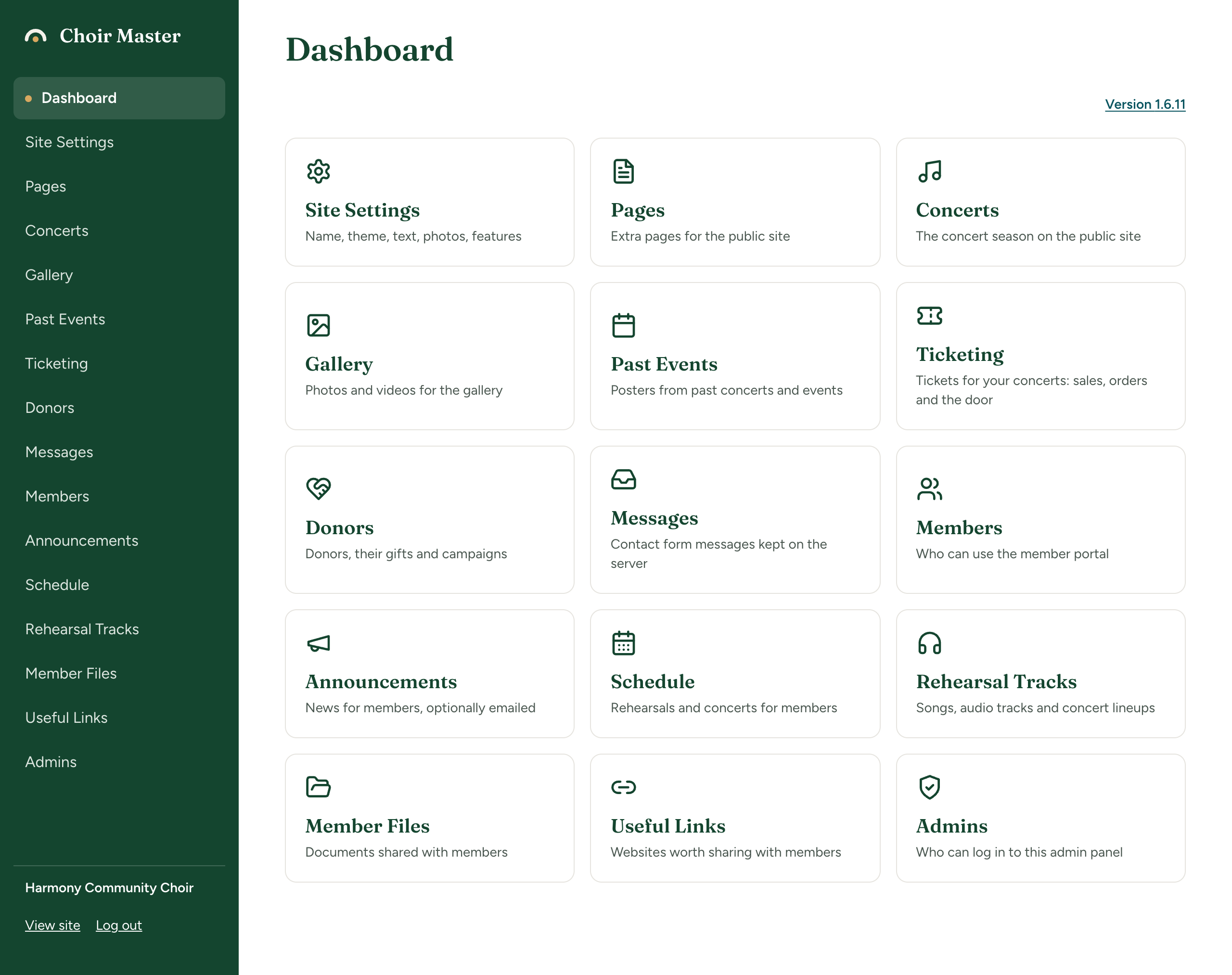 The dashboard as a Site Admin with every feature switched on, showing a tile for each part of the admin panel