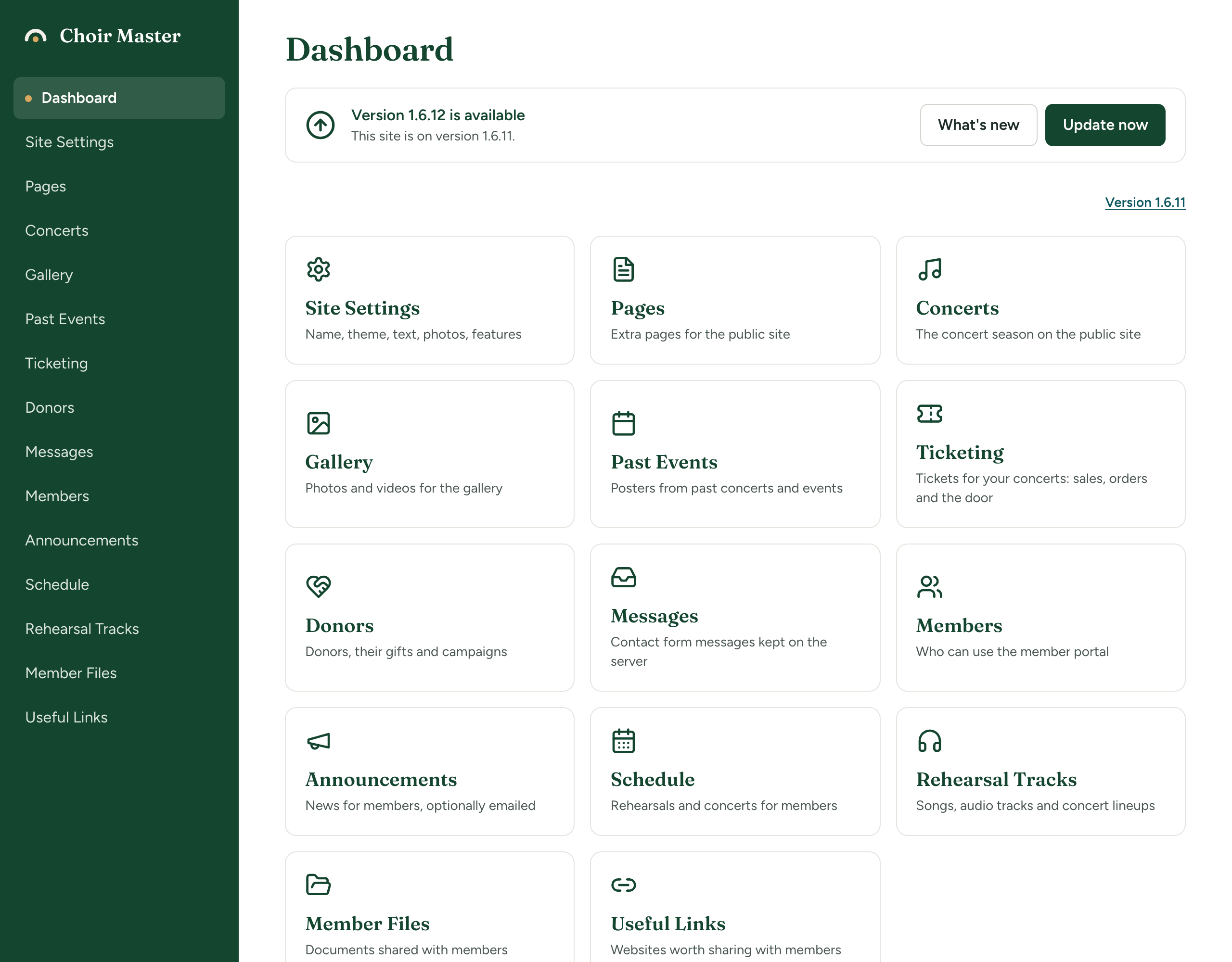 The dashboard of a self-hosted site with the card saying a new version is available, and its What's new and Update now buttons