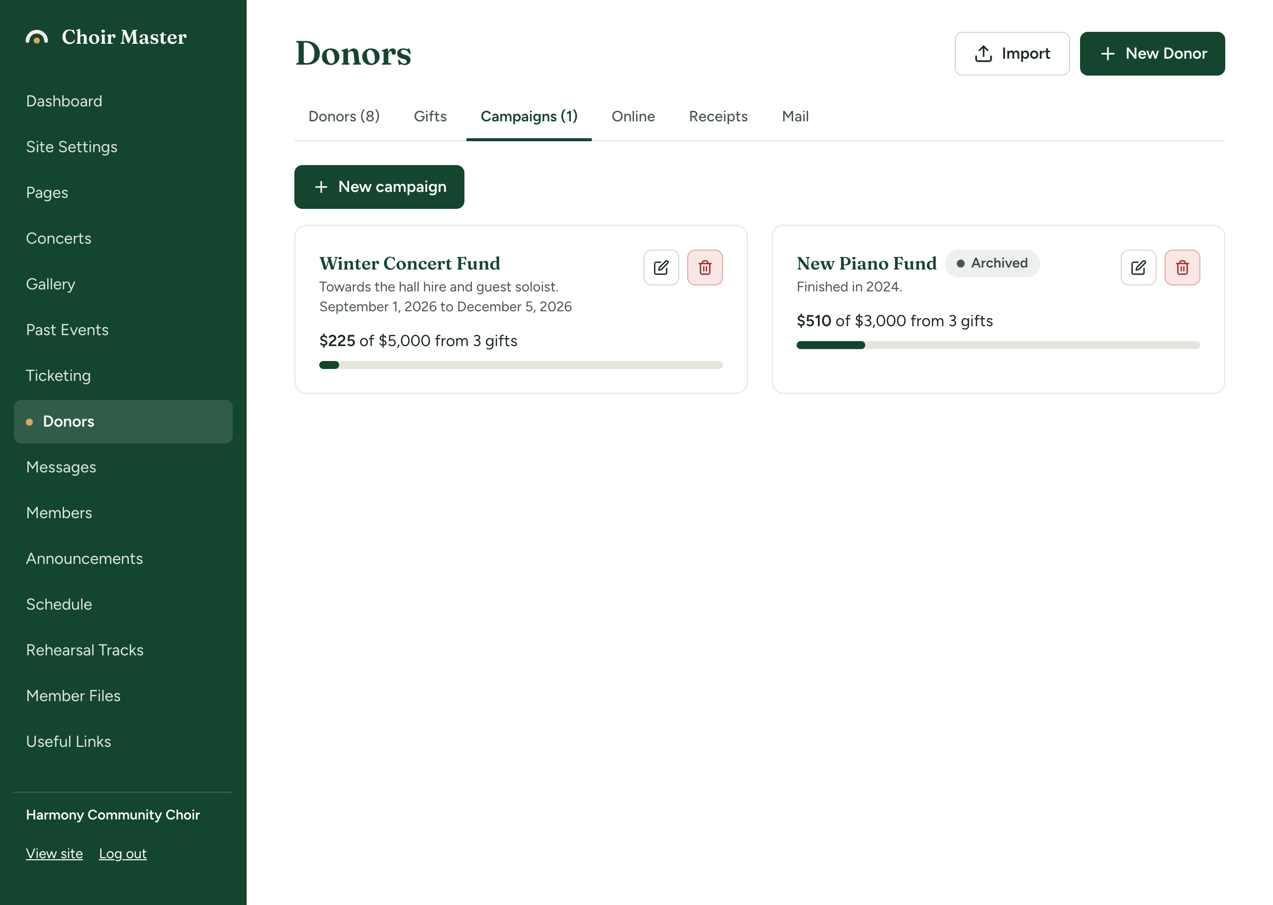 The Campaigns tab: a 'New campaign' button and two campaign cards, one showing an amount raised of a goal from a number of gifts with a progress bar partly filled, the other marked Archived