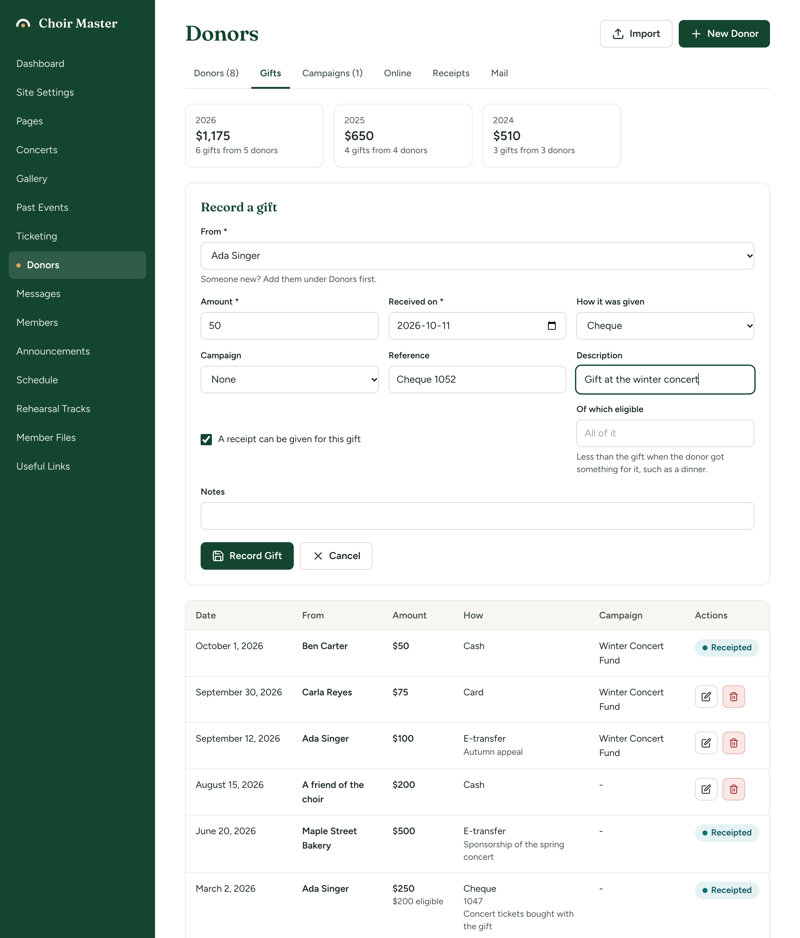 The Record a gift form: From, Amount, Received on, How it was given, Campaign, Reference, Description, the tick box 'A receipt can be given for this gift', 'Of which eligible', and Notes