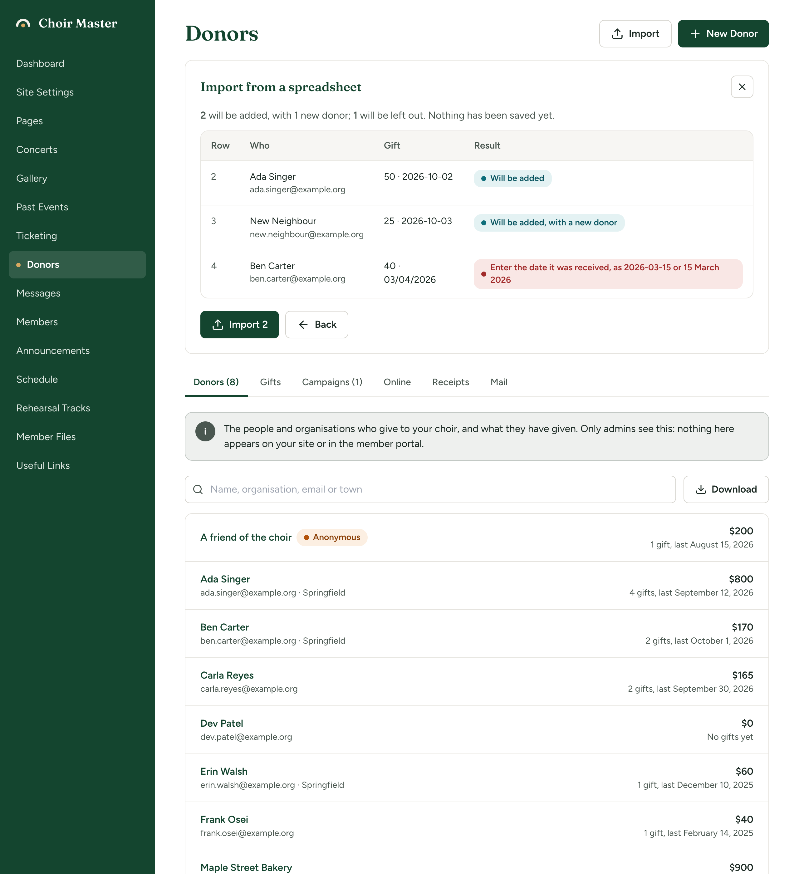 The import box showing the check of a list of gifts: one row to be added, one 'Will be added, with a new donor', and one refused row saying the date reads two ways