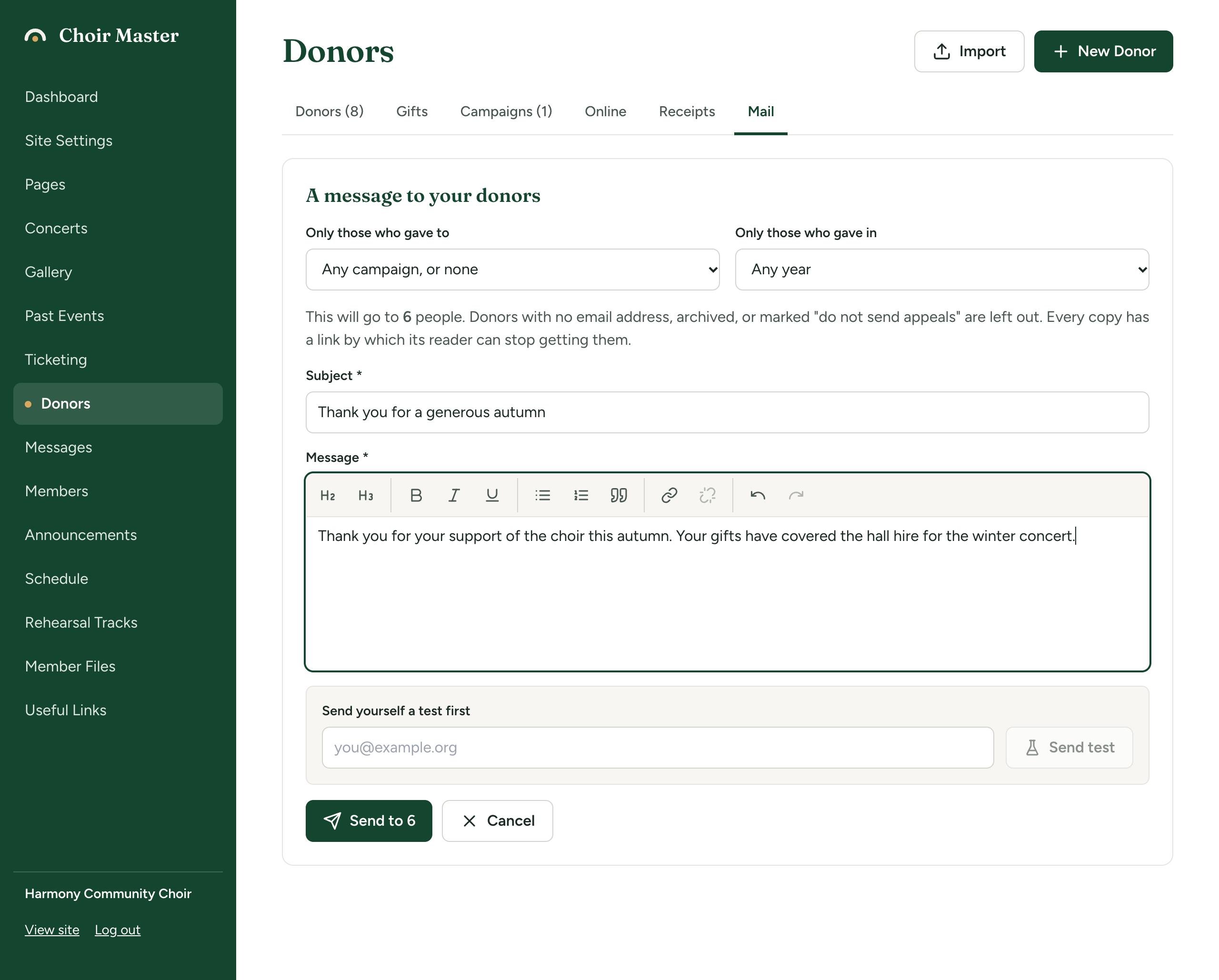 The donor message composer with 'Only those who gave to' set to Tour fund, the line 'This will go to 12 people', a subject, the message editor, the test box and the Send button