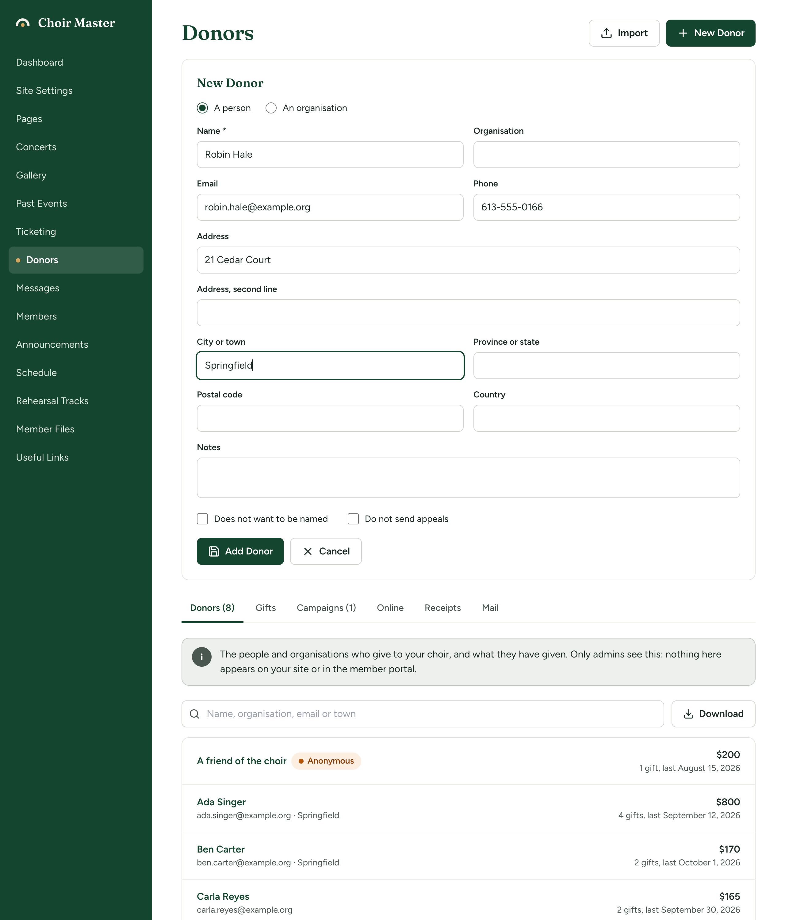 The New Donor form: the choice between 'A person' and 'An organisation', boxes for name, organisation, email, phone, address, city, province, postal code, country and notes, and the tick boxes 'Does not want to be named' and 'Do not send appeals'