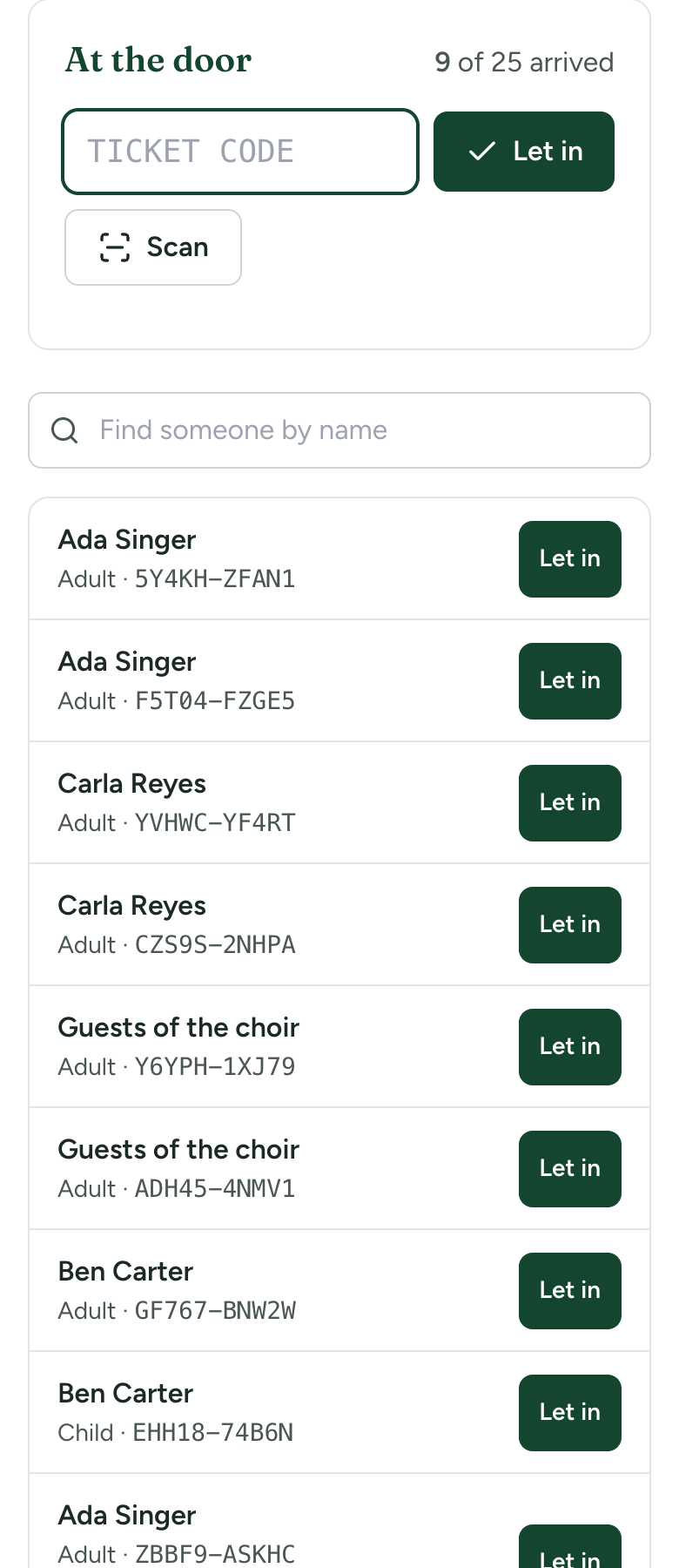 The At the door tab on a phone: the heading with '12 of 38 arrived', a box for the ticket code, the Let in and Scan buttons, and below them the search box and the start of the list of ticket holders