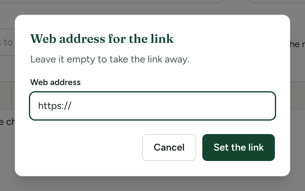 The Web address for the link dialog with its Web address box and the Cancel and Set the link buttons