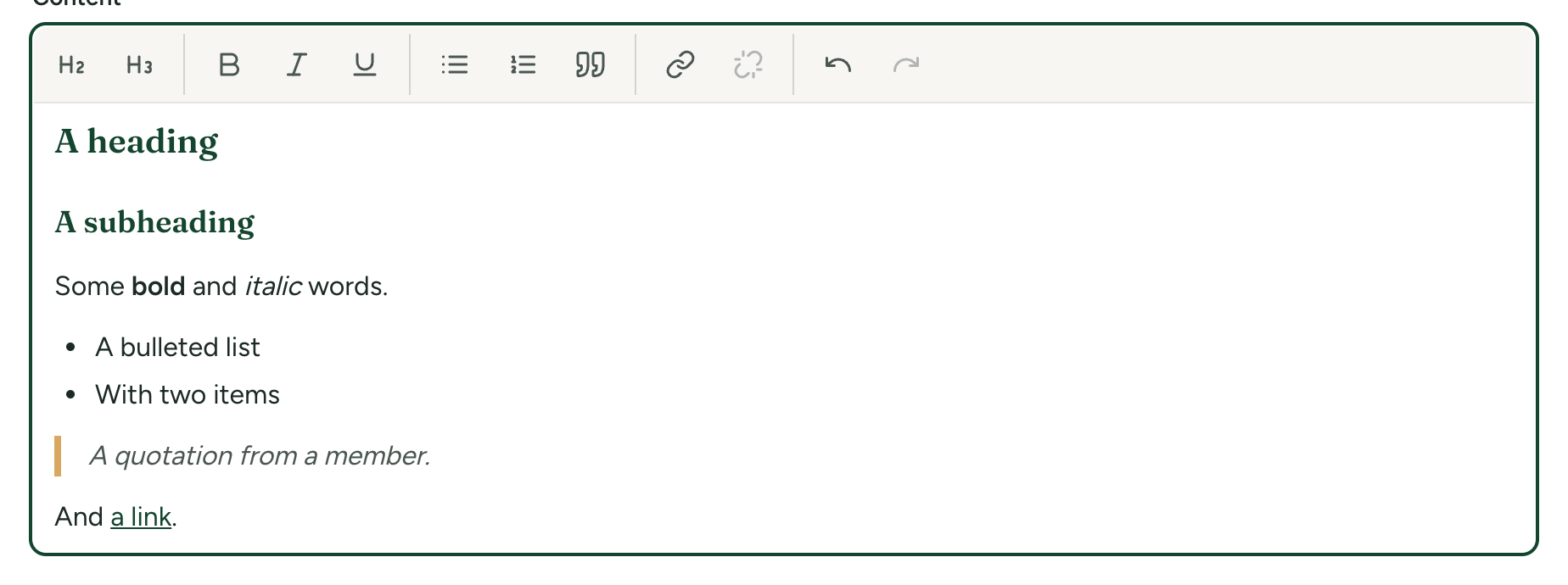 The editor with its row of buttons above some text that has a heading, bold and italic words, a list, a quote and a link