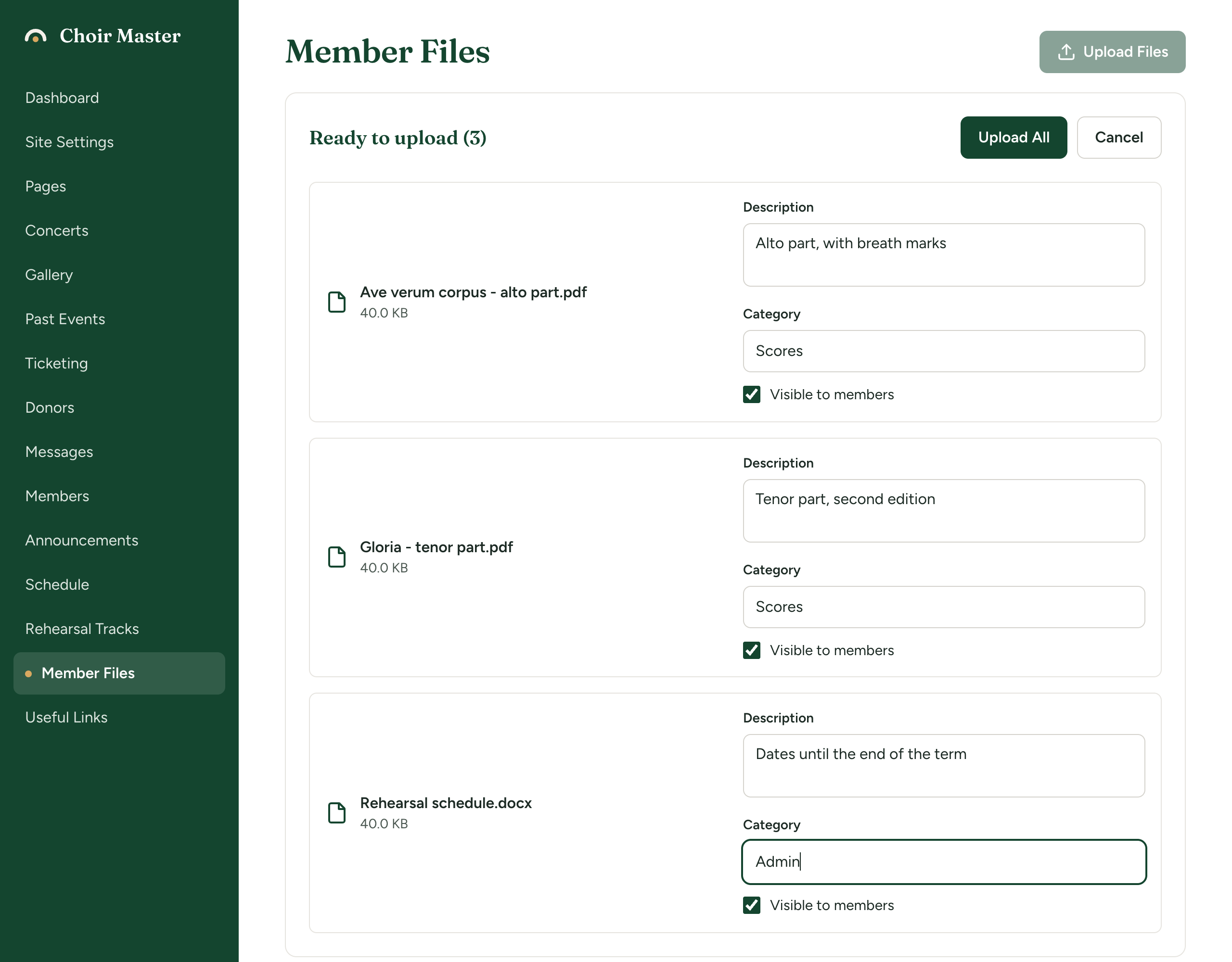 The Ready to upload (3) panel on the Member Files page, with a description and a category filled in for each of three files and the Upload All button