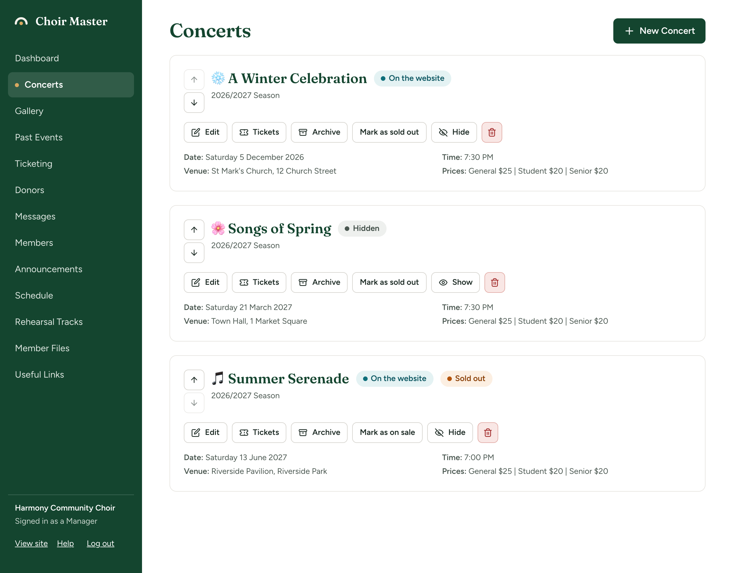 The admin panel as a Manager: a shorter menu without Site Settings, Pages or Admins, and Signed in as a Manager at its foot
