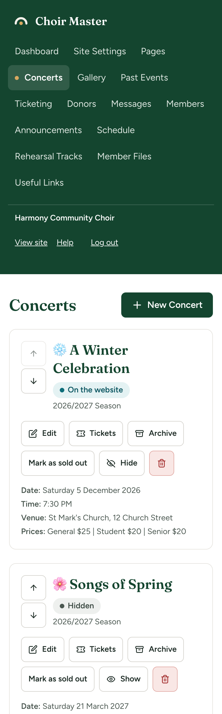 The admin panel at phone width, with the menu as a row of links across the top of the page