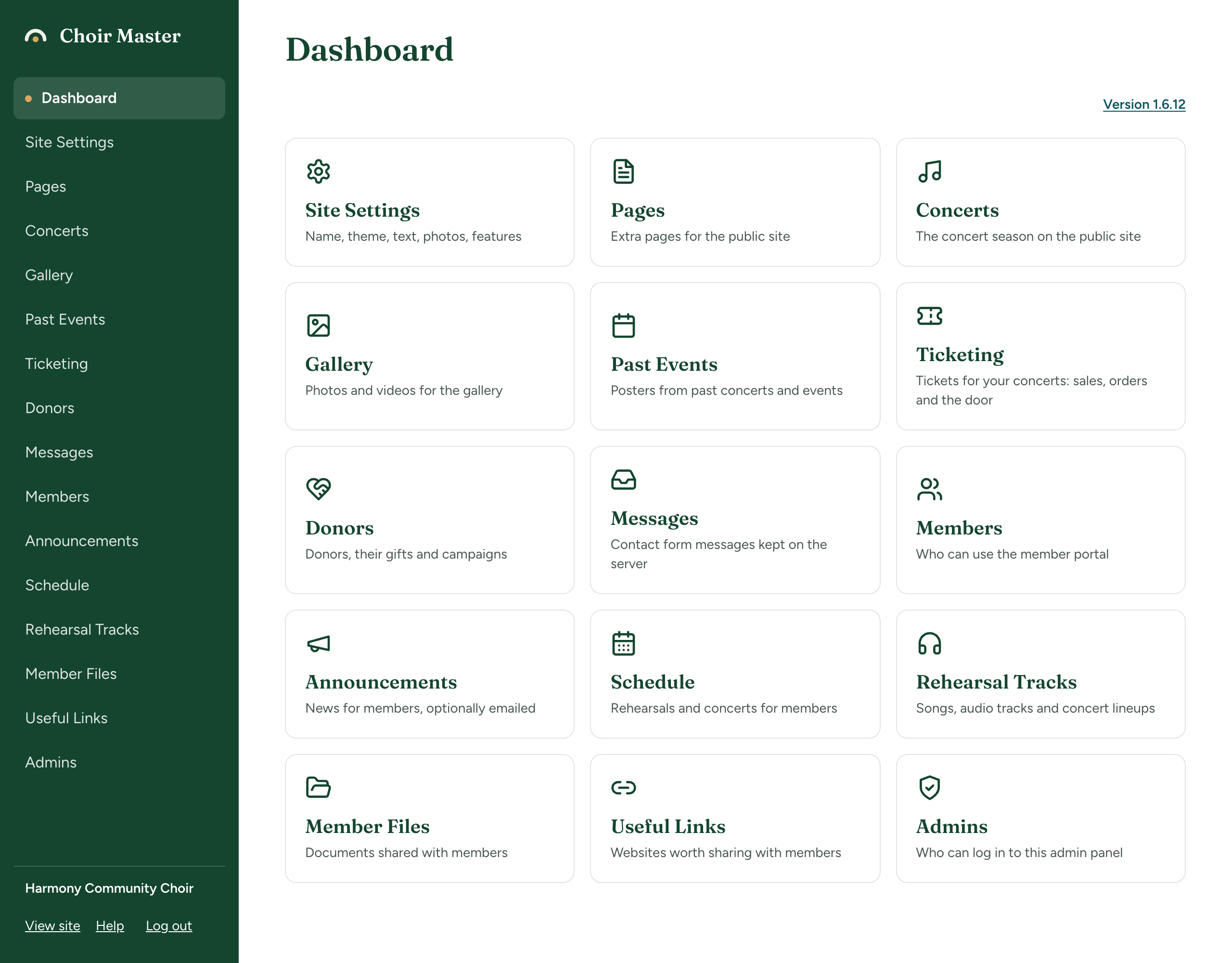 The admin panel as a Site Admin with every feature switched on: the full menu down the left side, and the Dashboard page beside it