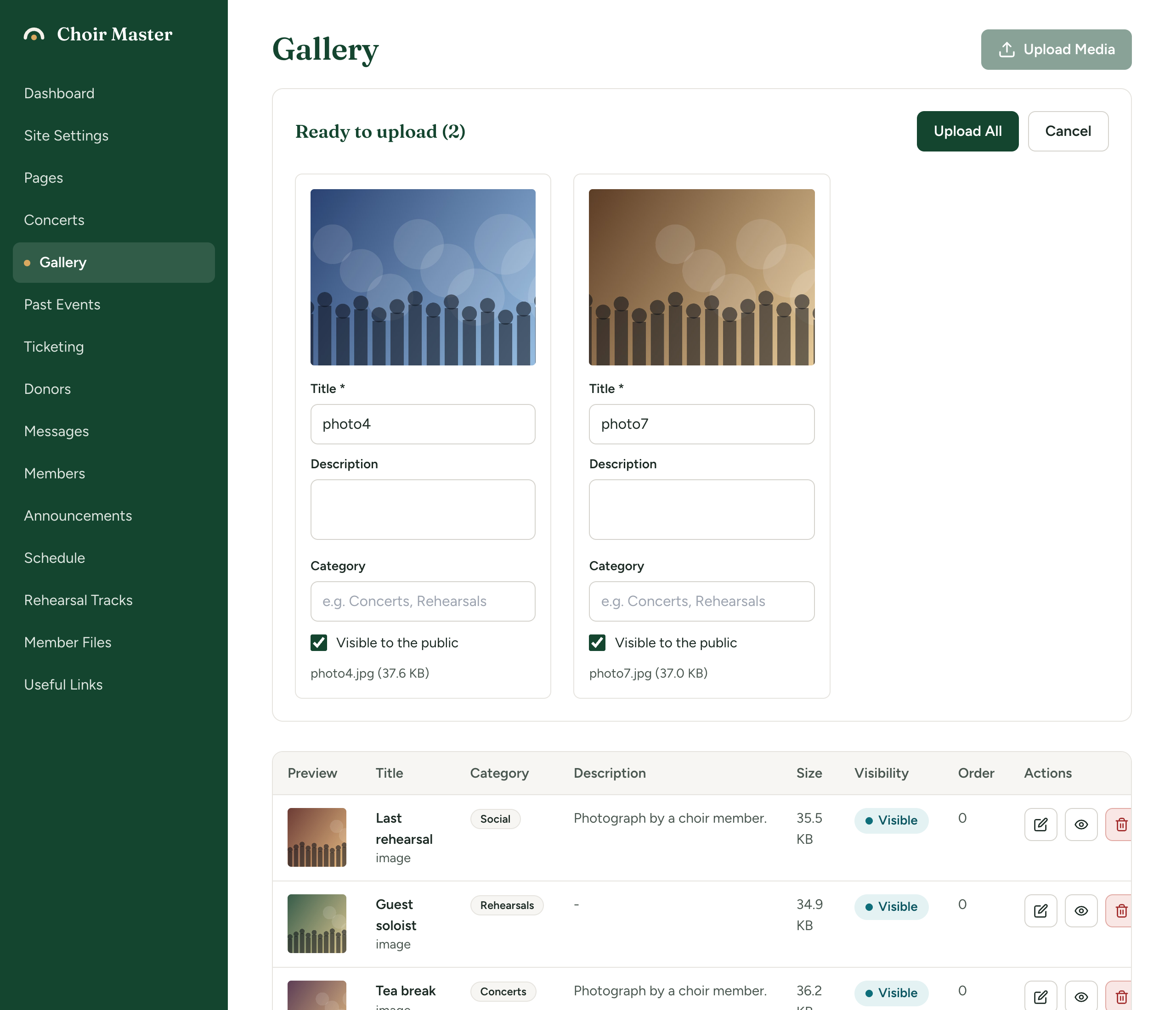 The Ready to upload panel with two photos, each with its Title, Description, Category and Visible to the public boxes