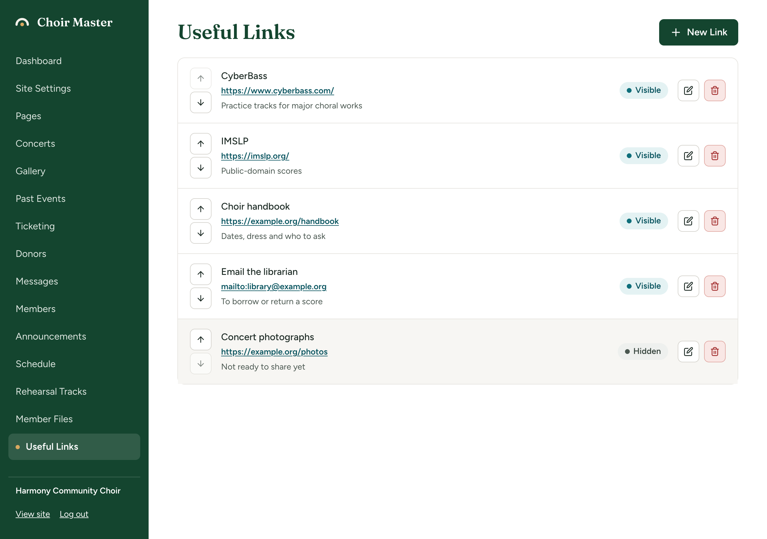 The Useful Links list in the admin panel, each link with up and down arrows, its address and description, and one link marked Hidden