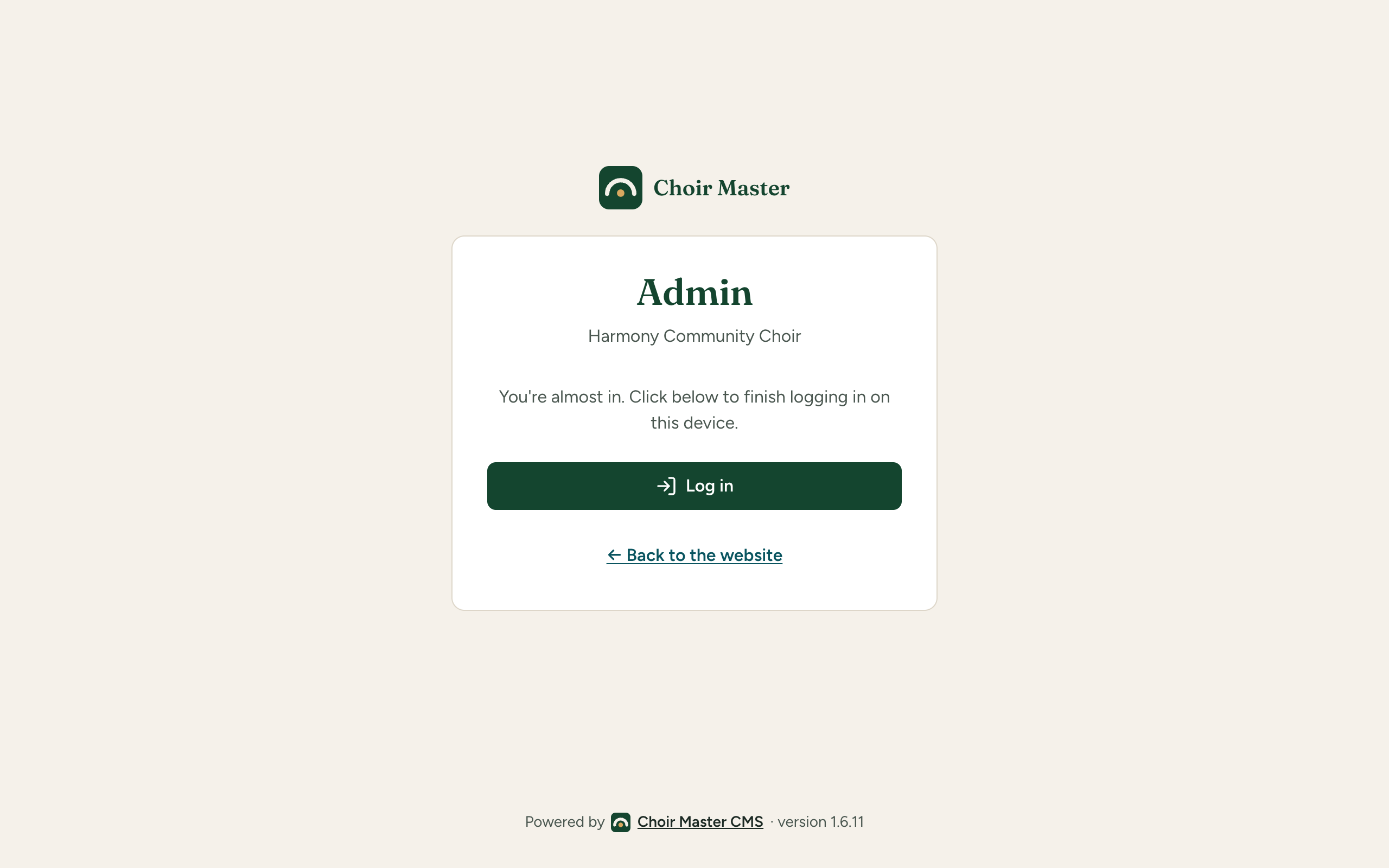 The page a login link opens, saying You're almost in, with a Log in button