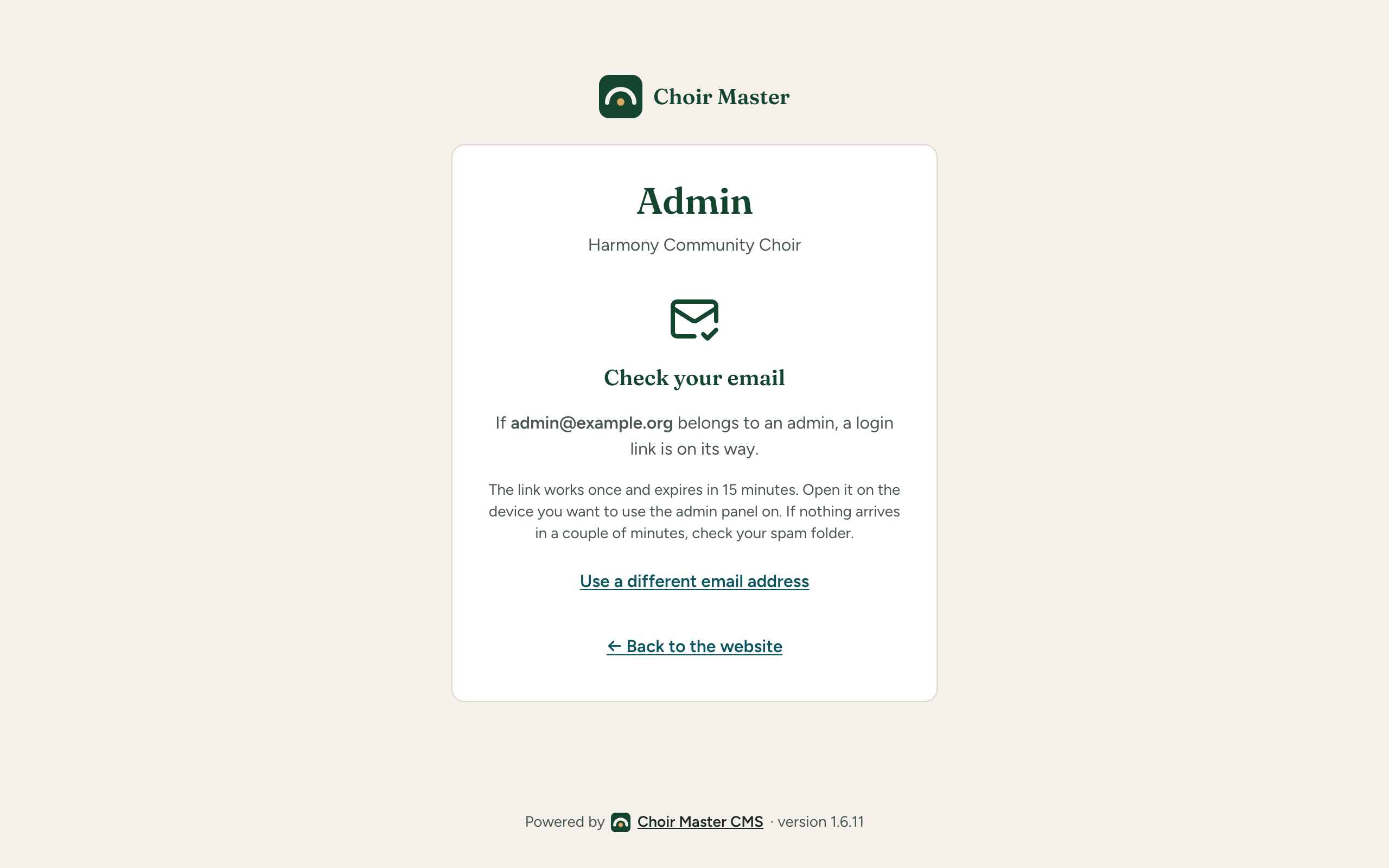 The admin login page after a link has been requested, headed Check your email
