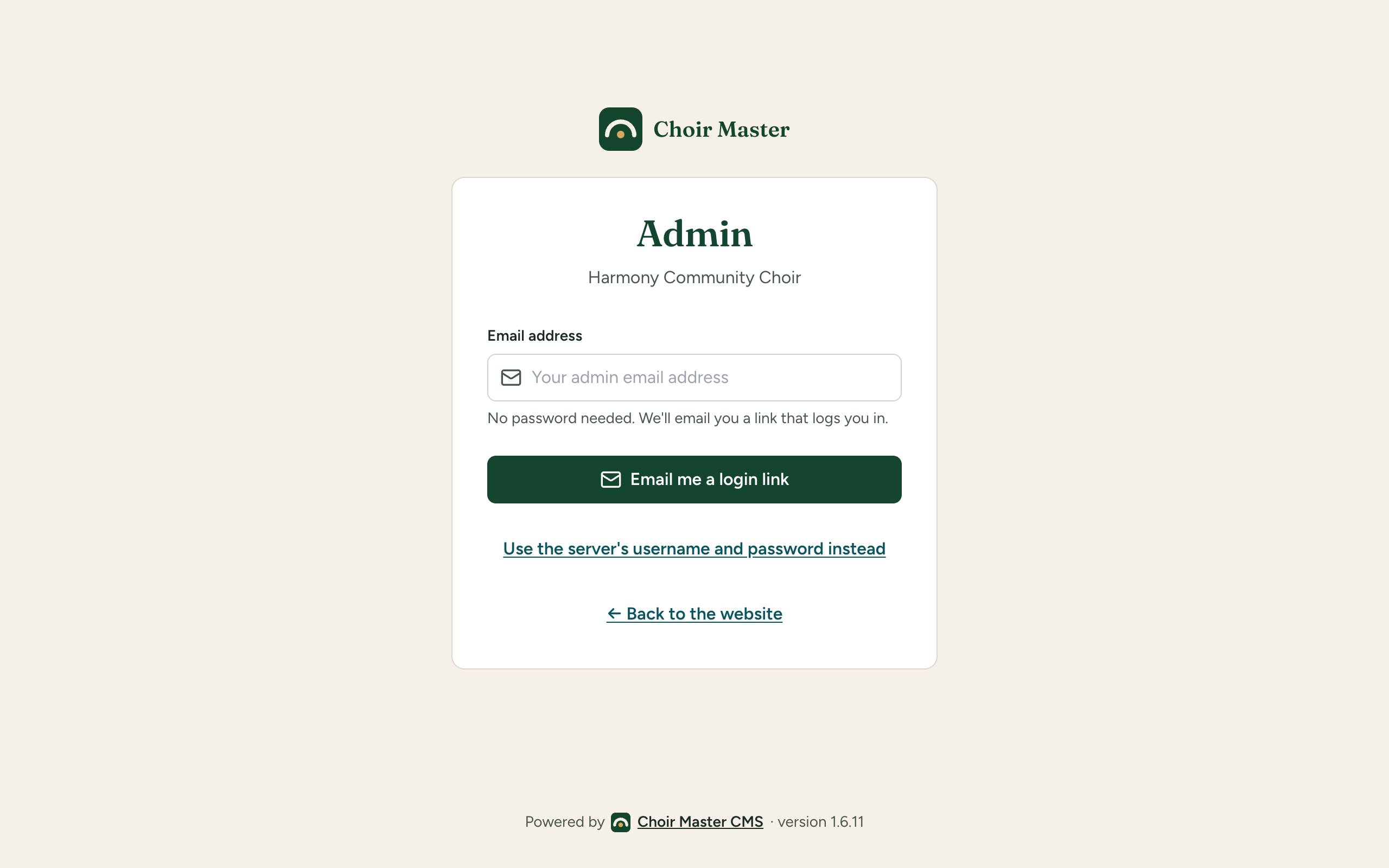The admin login page asking for an email address, with the Email me a login link button