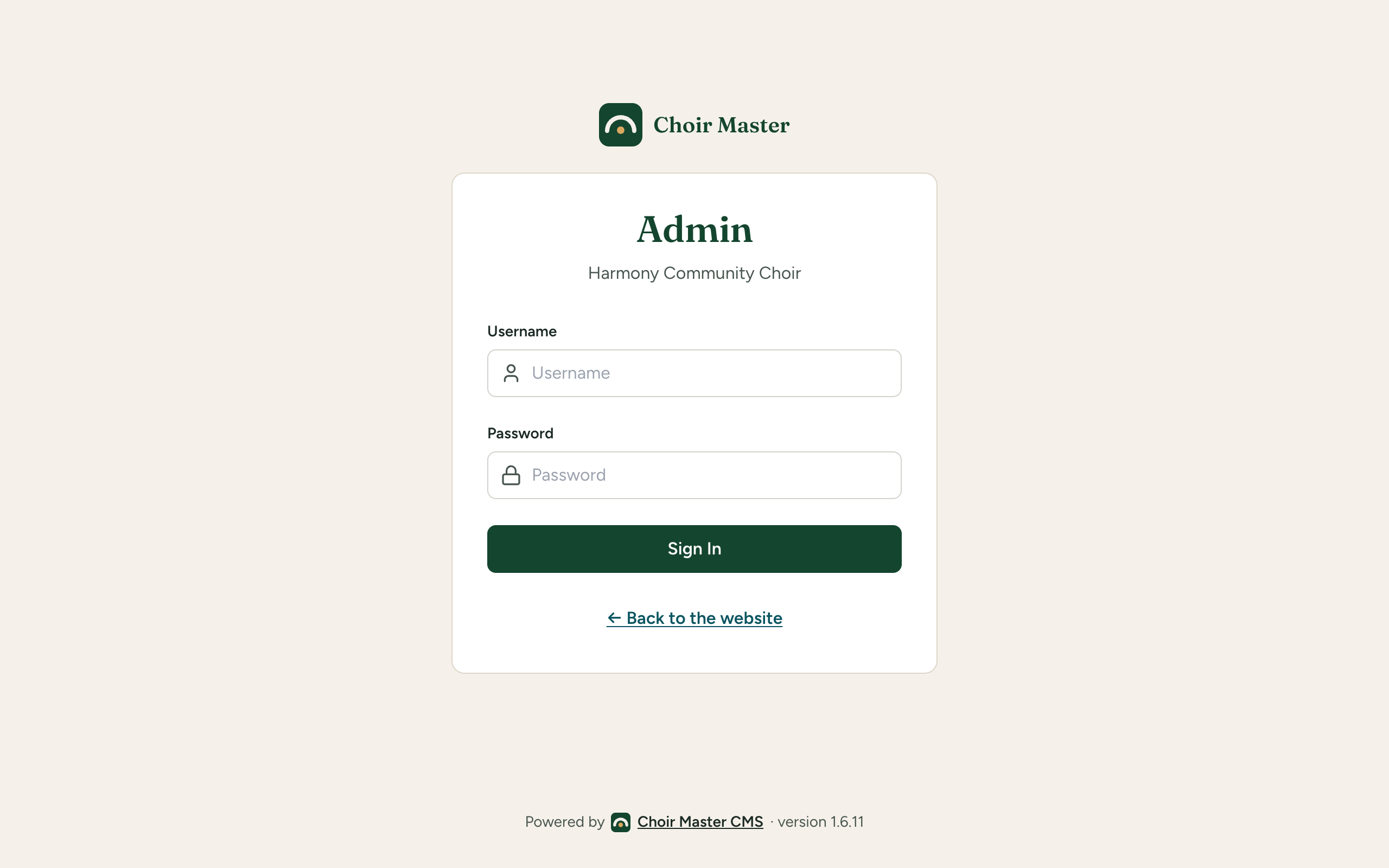 The admin login page on a self-hosted site, asking for a username and password, with the Sign In button