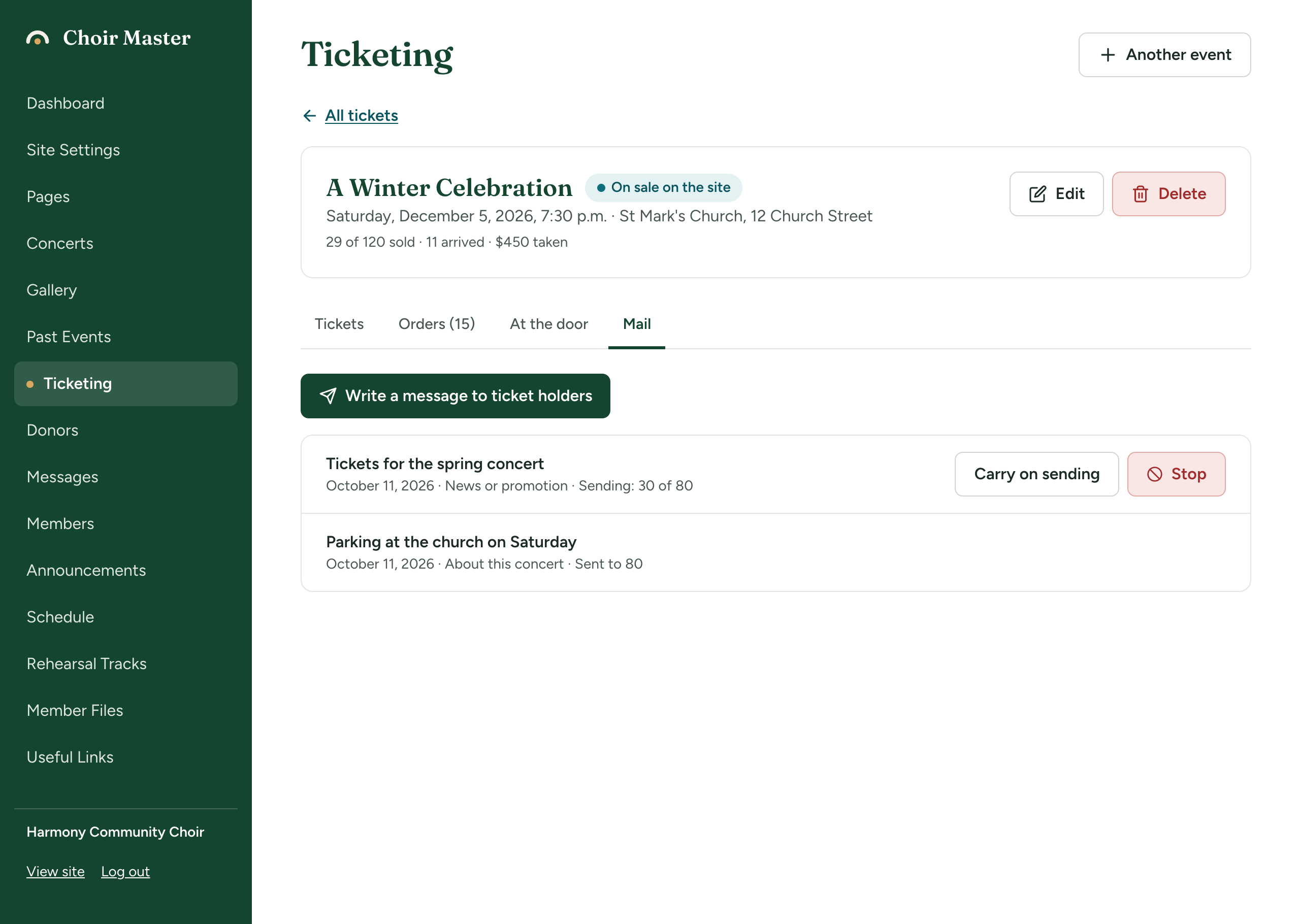 The list of messages sent on a concert's Mail tab: one line reading 'Sent to 80' and one reading 'Sending: 30 of 80' with a Stop button beside it