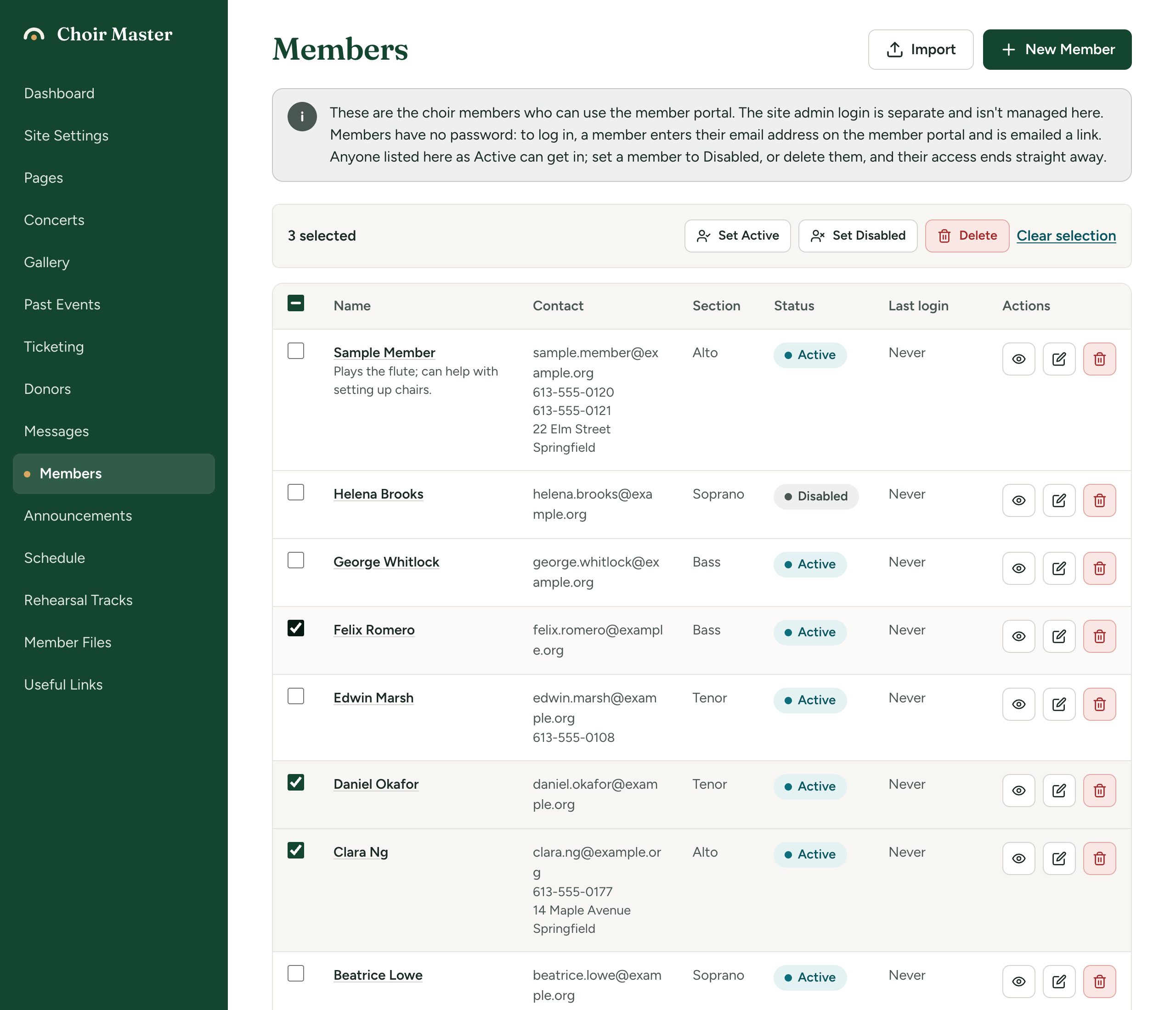 The Members page with three members ticked and the bar above the table showing 3 selected, Set Active, Set Disabled, Delete and Clear selection