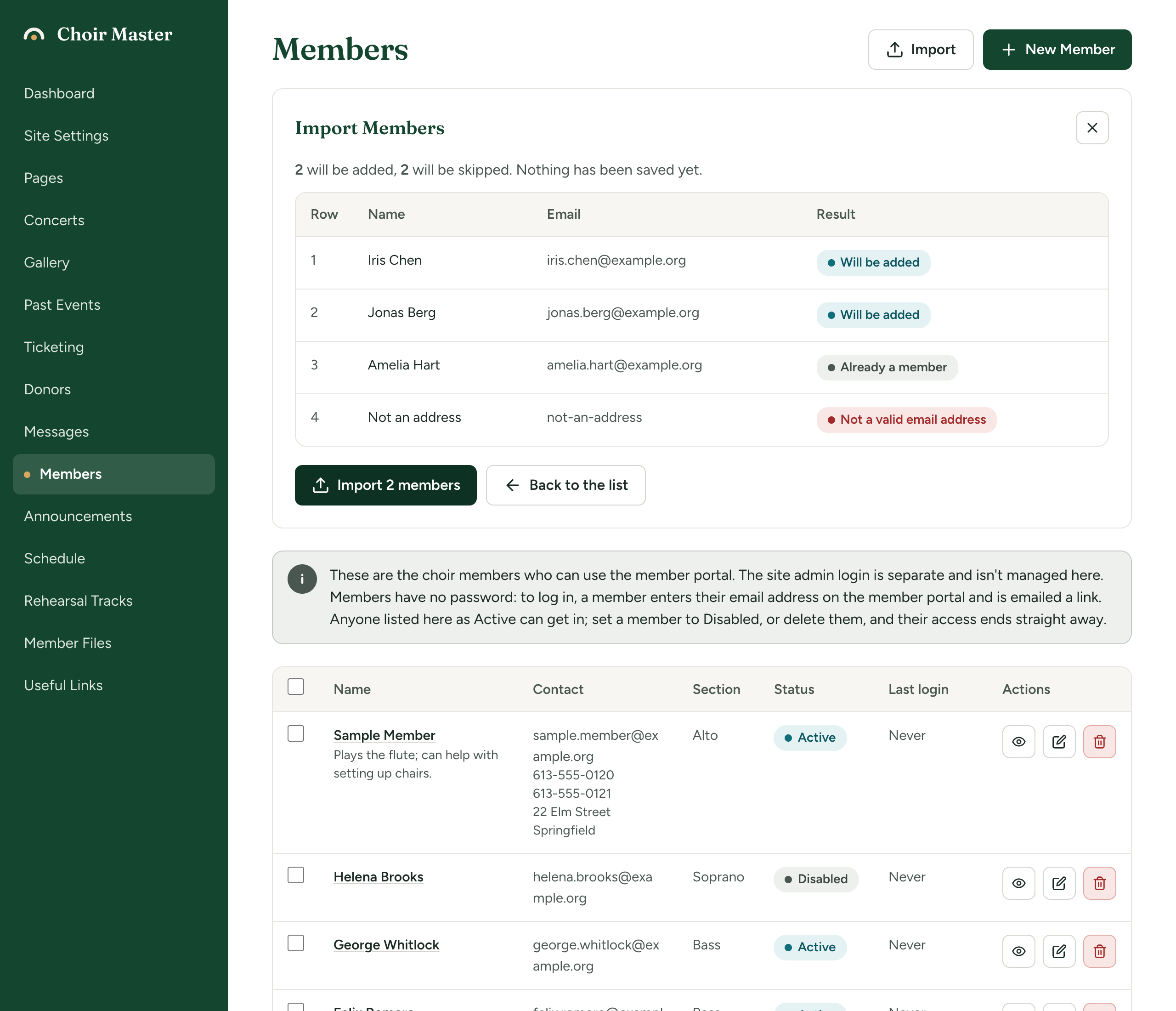 The import preview table with rows marked Will be added, Already a member and Not a valid email address