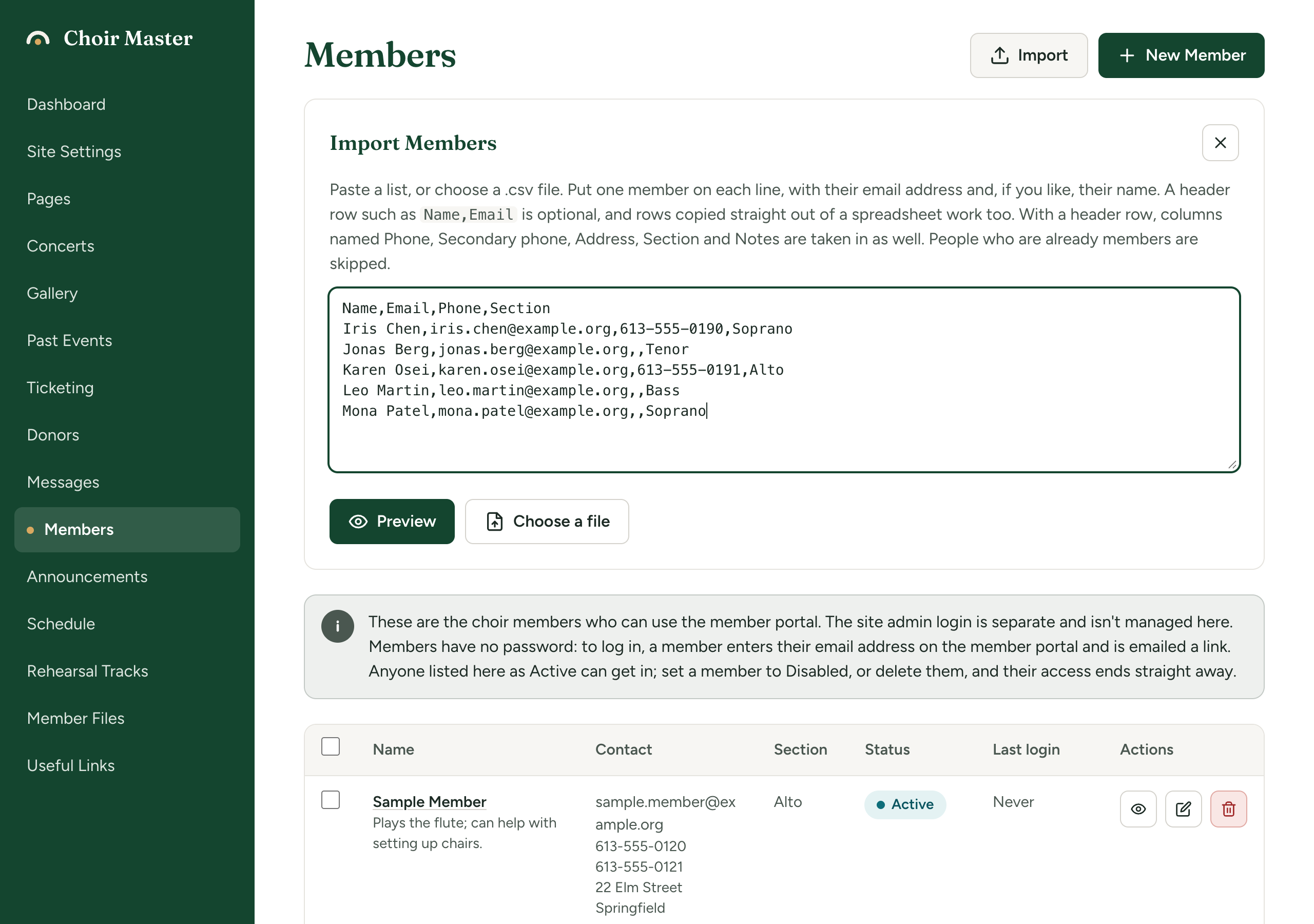 The Import Members panel with a pasted list that has Name, Email, Phone and Section columns