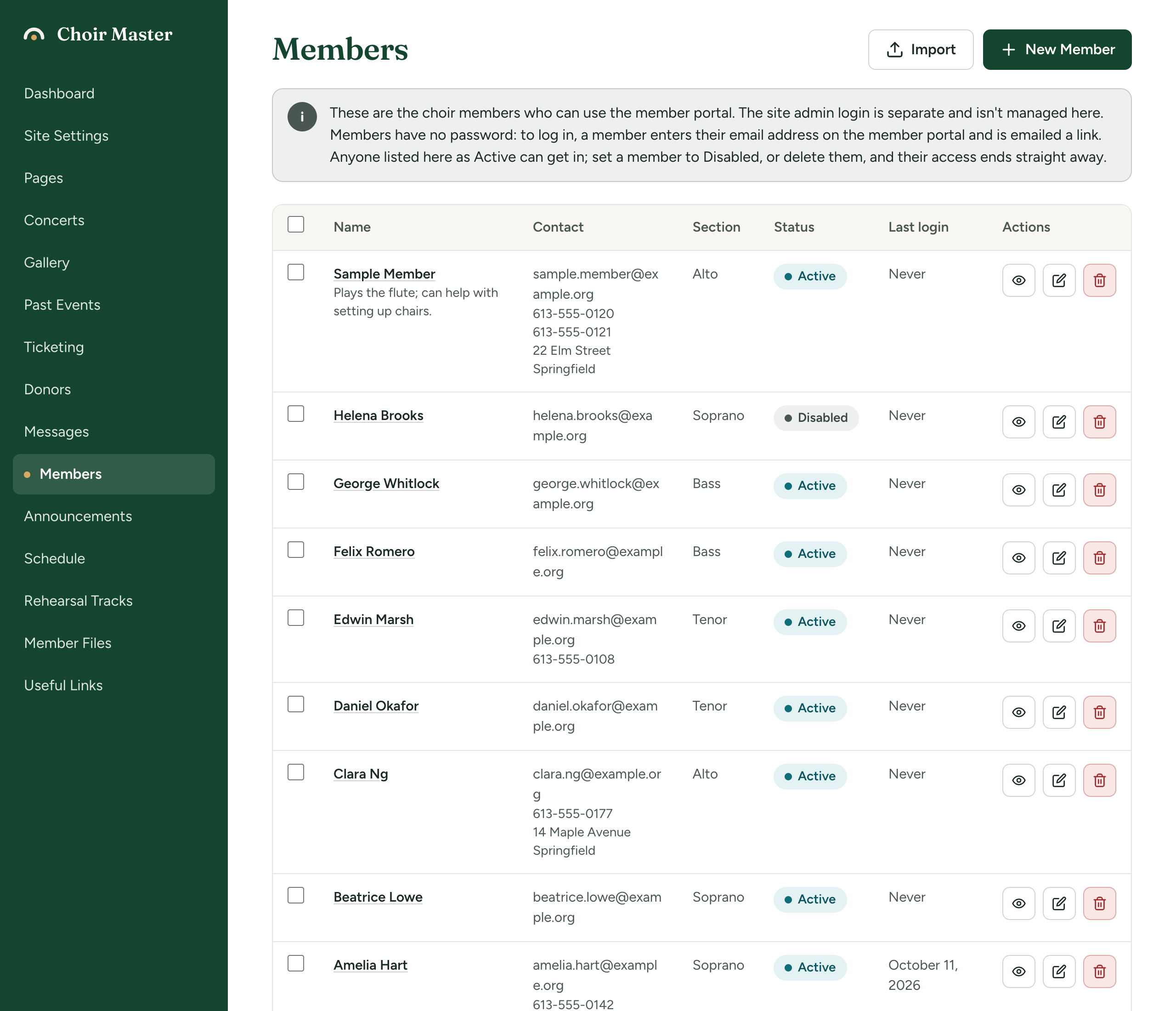 The Members page of the admin panel listing sample members, one marked Disabled and one whose last login is Never