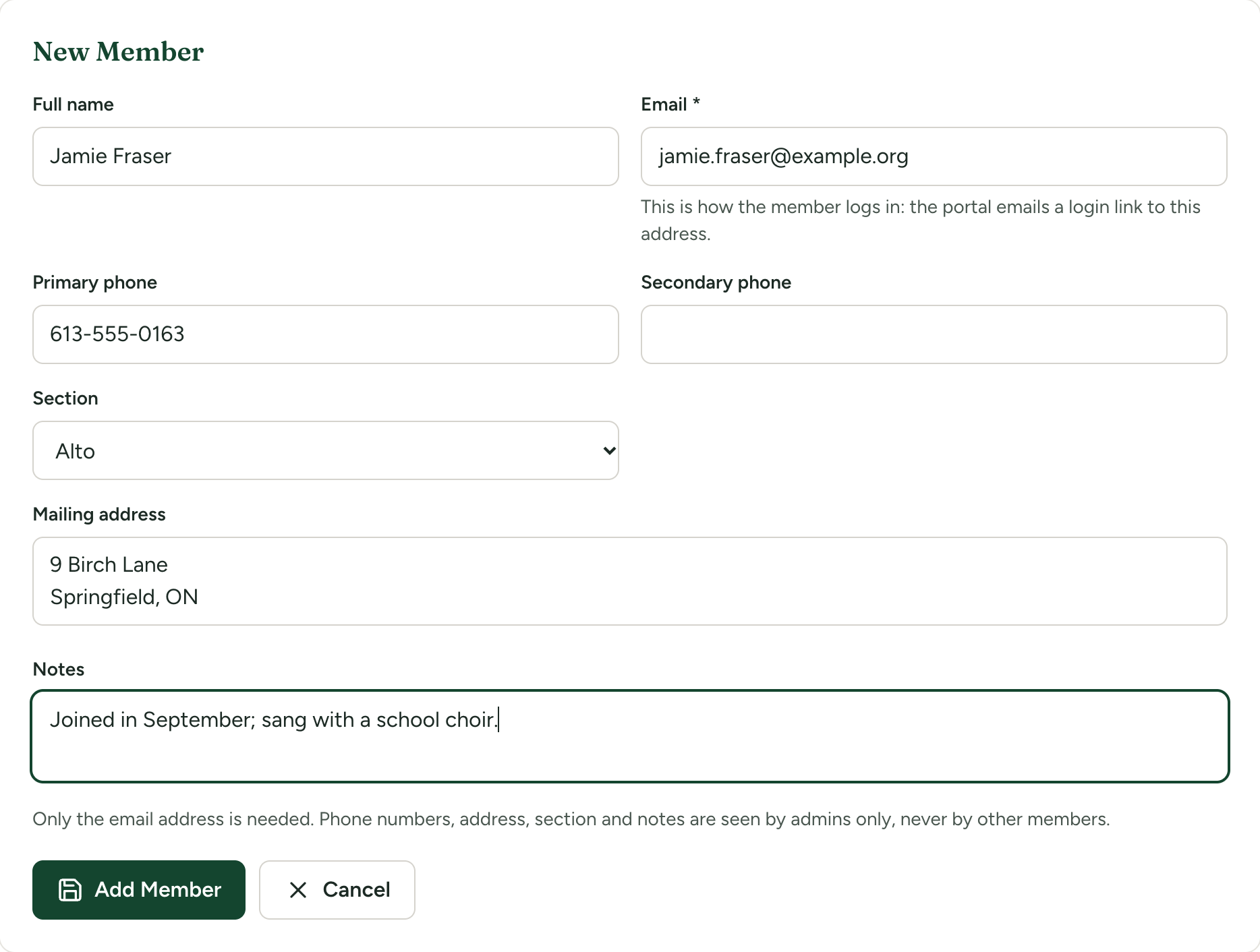 The New Member form filled in with a name, email address, phone number, section and notes
