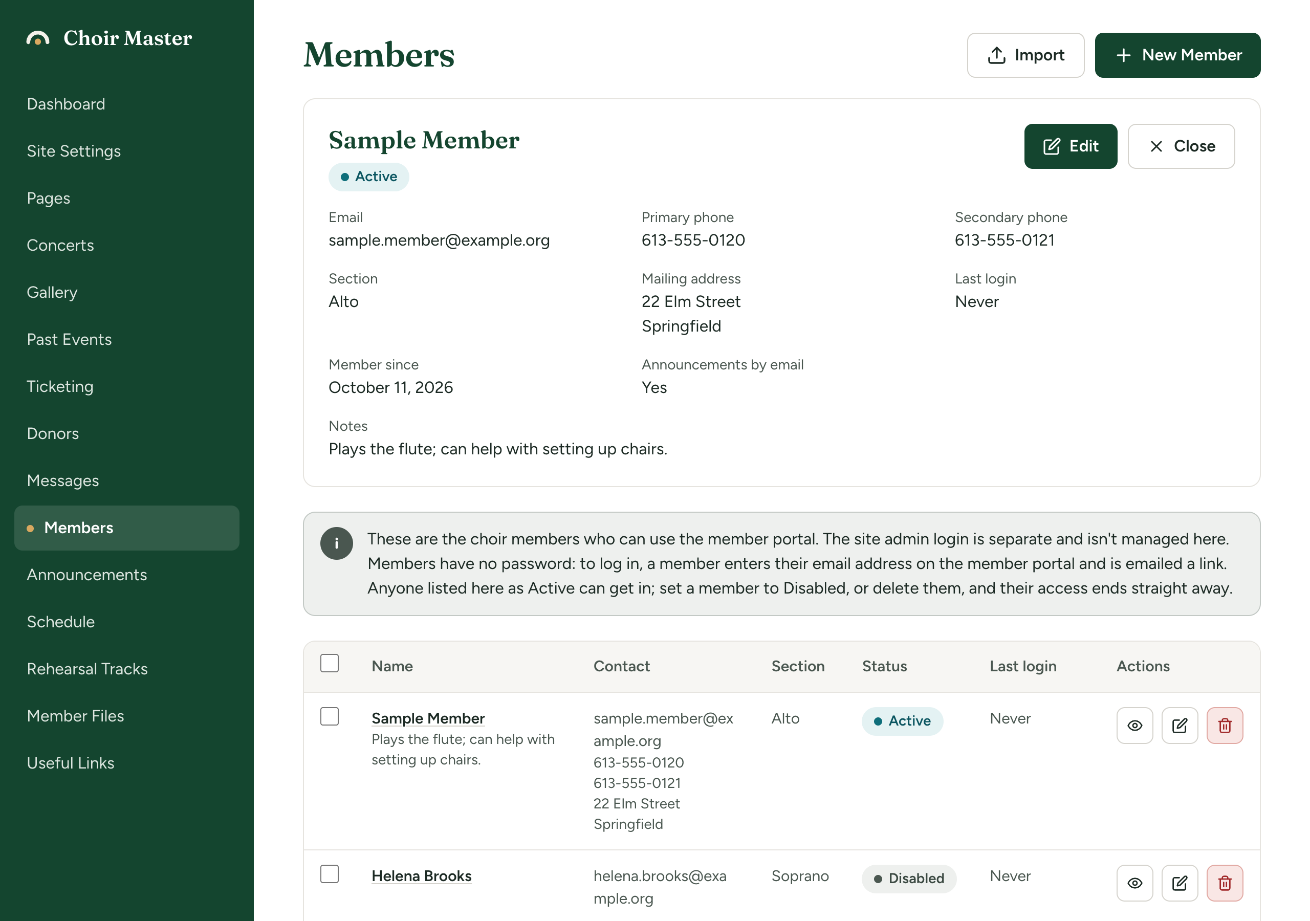 A member's details panel on the Members page, showing Announcements by email: Yes