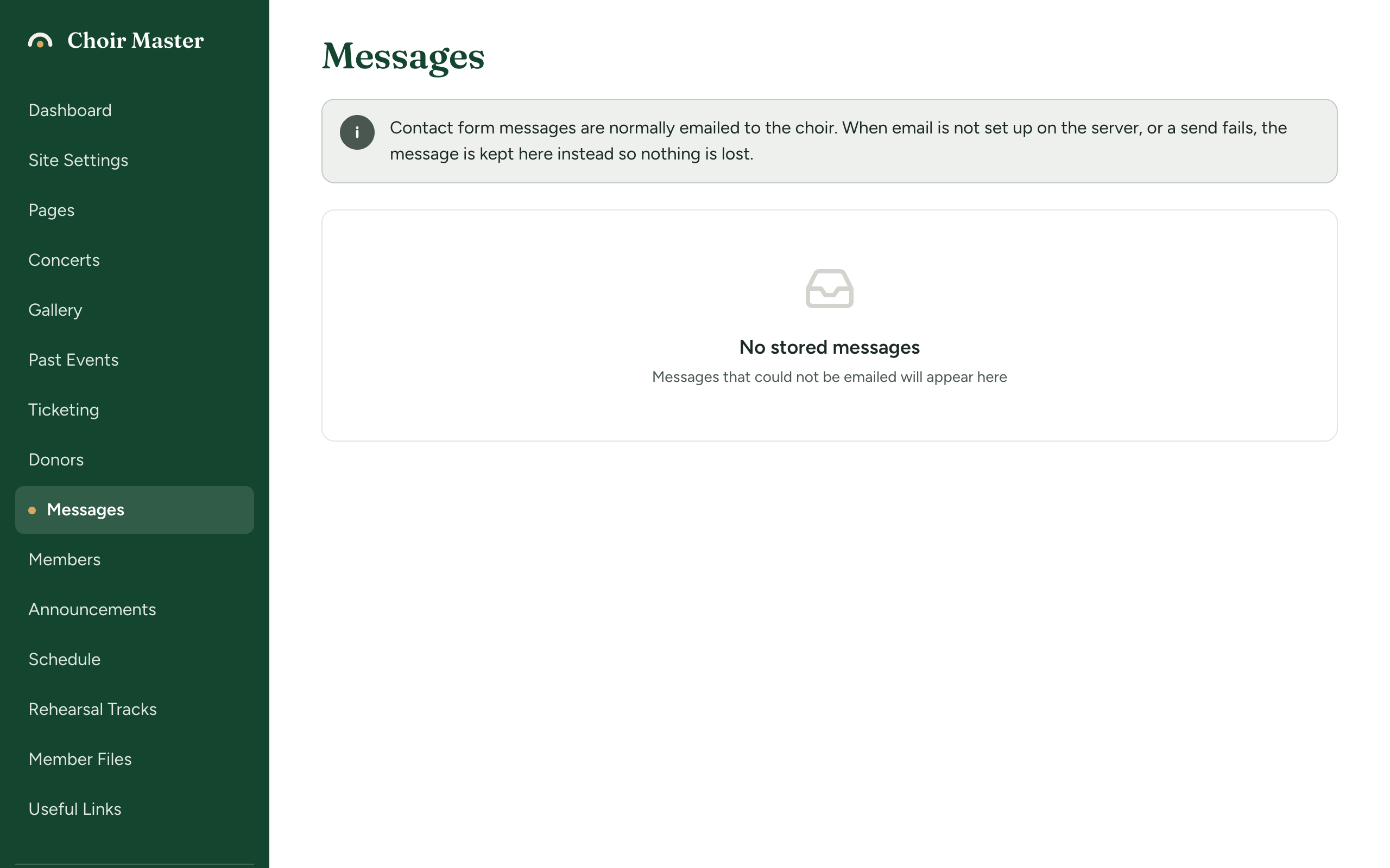 The Messages page with no messages, showing its information banner and No stored messages