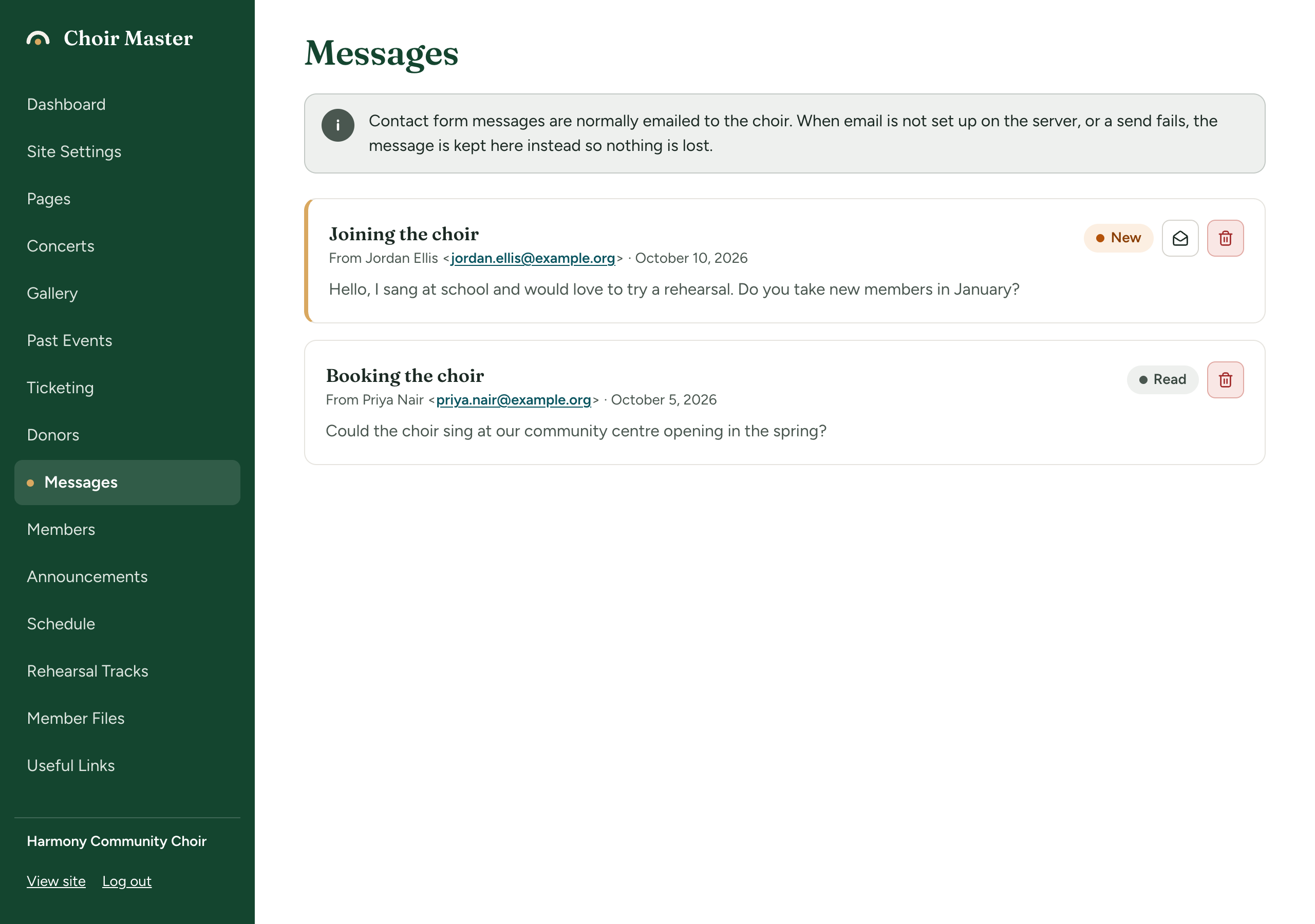 The Messages page with two messages kept on the server, one labelled New and one labelled Read