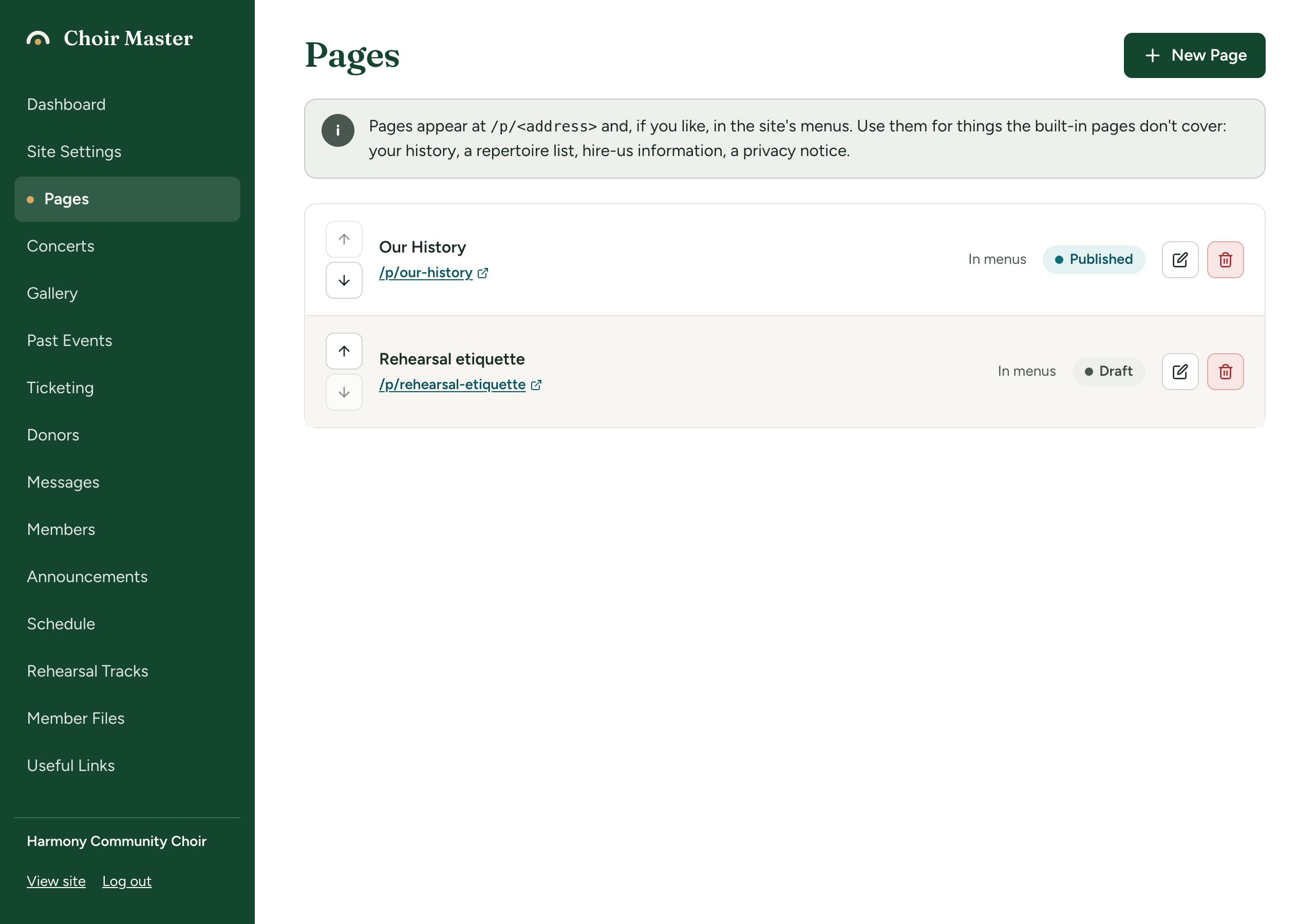 The Pages list with one page that is published and in the menus, and one draft that is not in the menus