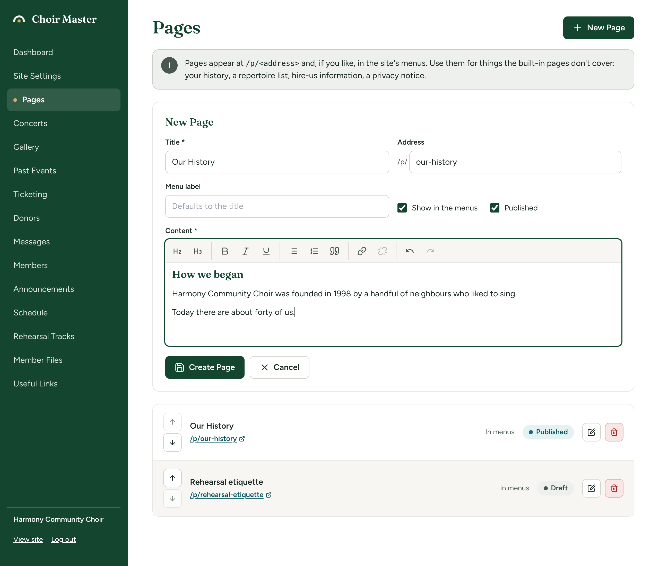 The New Page form with a title, an address, the two tick boxes and some formatted text in the editor