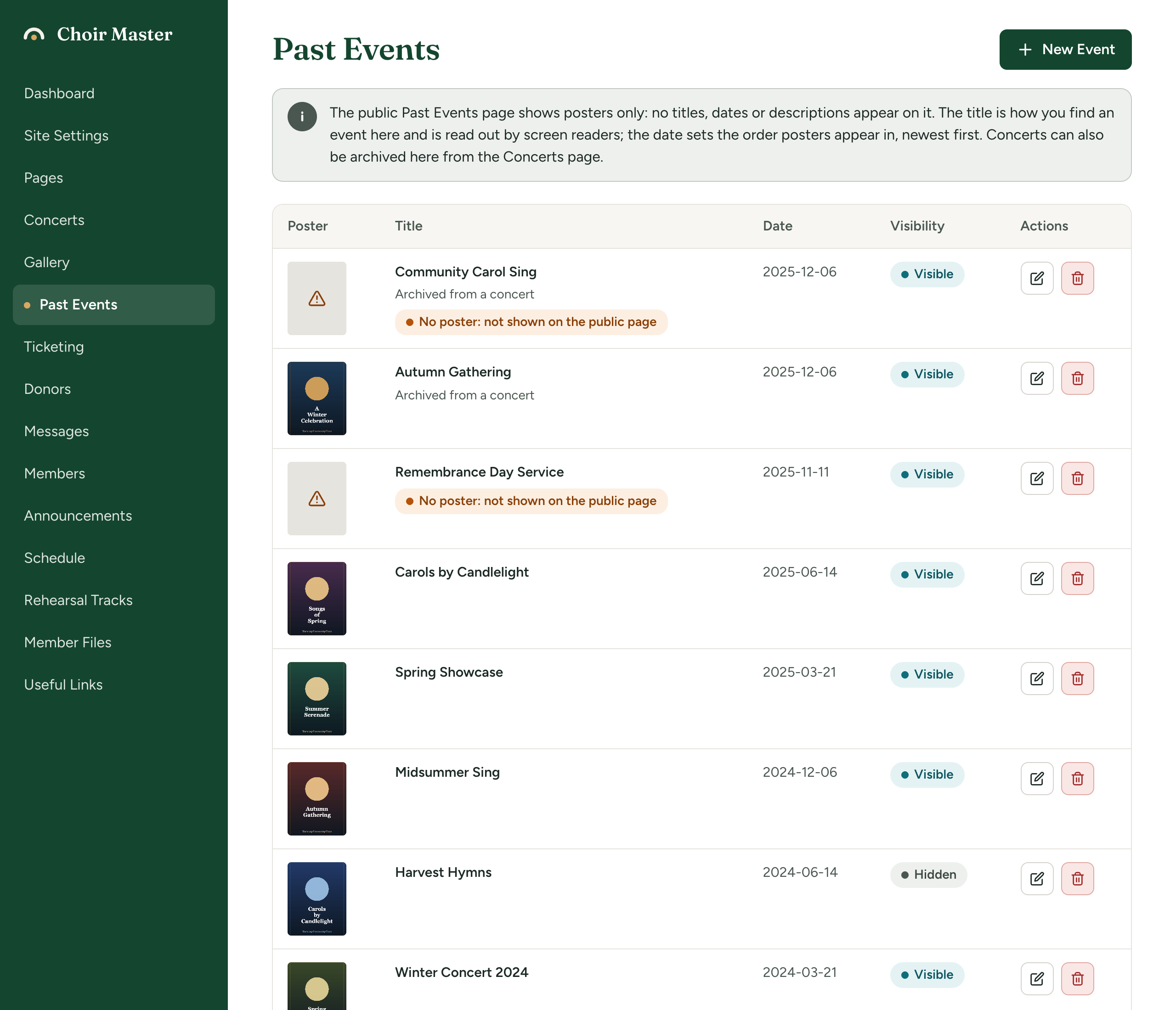 The Past Events table with an event archived from a concert, a hidden event and an event with no poster