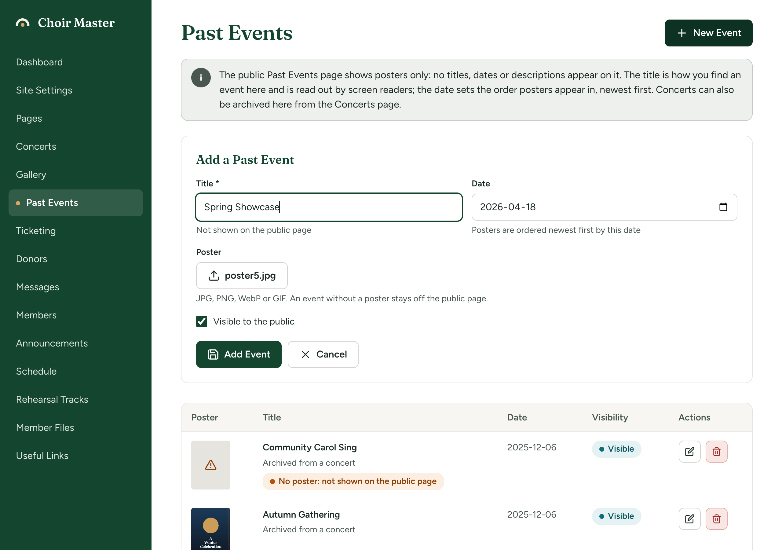 The Add a Past Event form with a title, a date and a poster file chosen