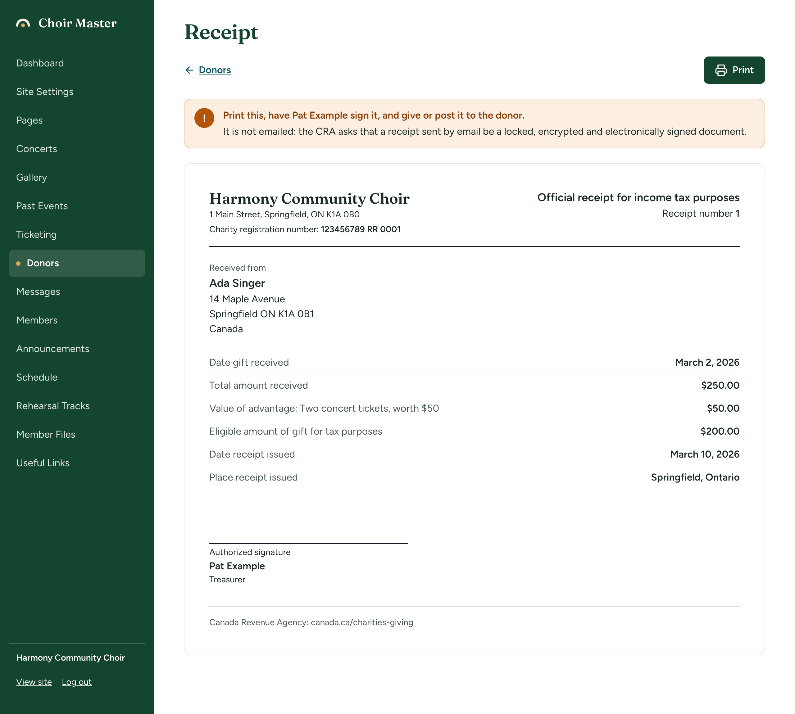 An official receipt as printed, with sample charity details: charity name and address, registration number, 'Official receipt for income tax purposes', receipt number, who it is from, dates, amounts, eligible amount, place and date of issue, and an authorized signature line