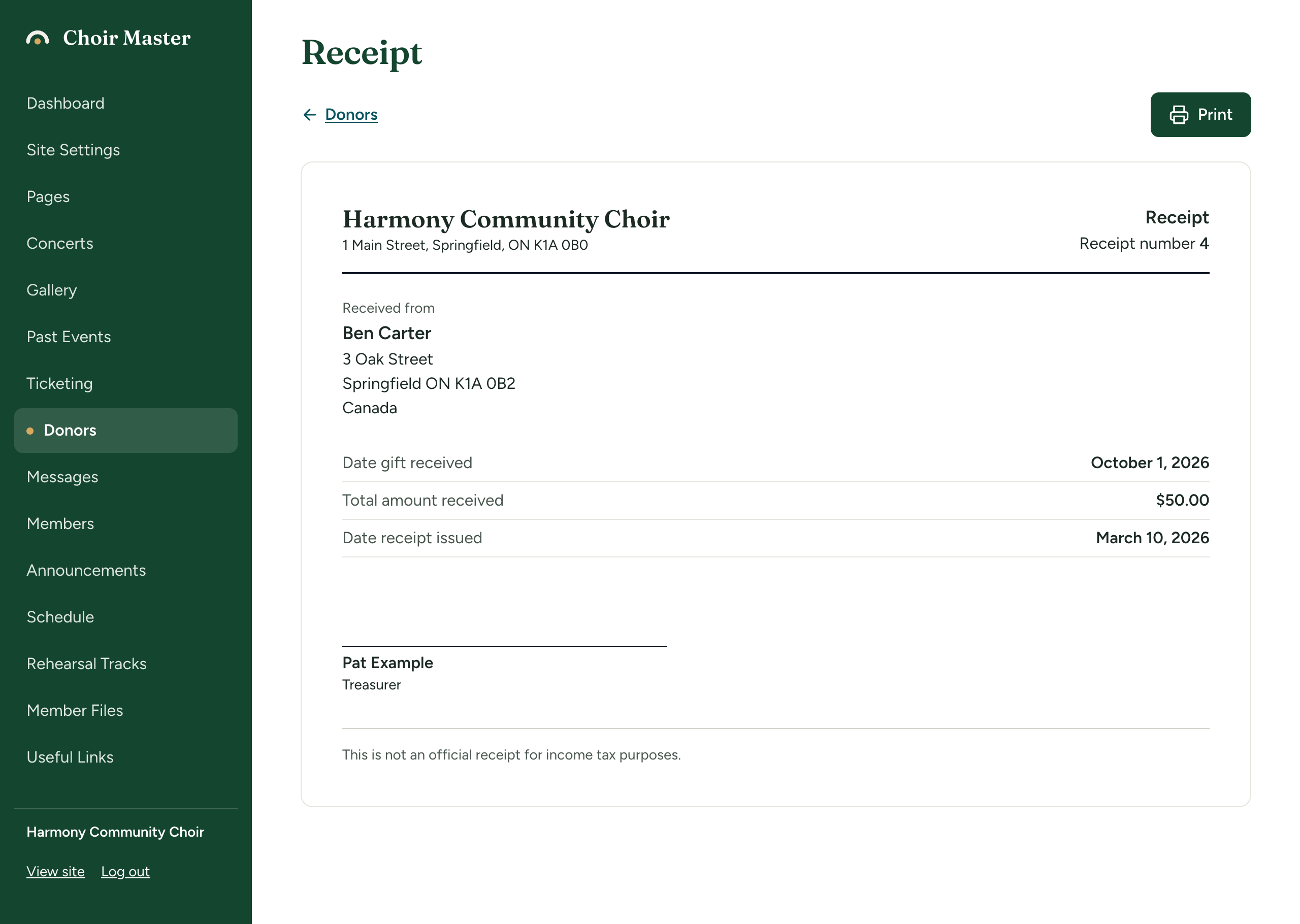 A plain receipt as printed, headed 'Receipt', with the donor, the gift date and amount, the receipt number and the line 'This is not an official receipt for income tax purposes'