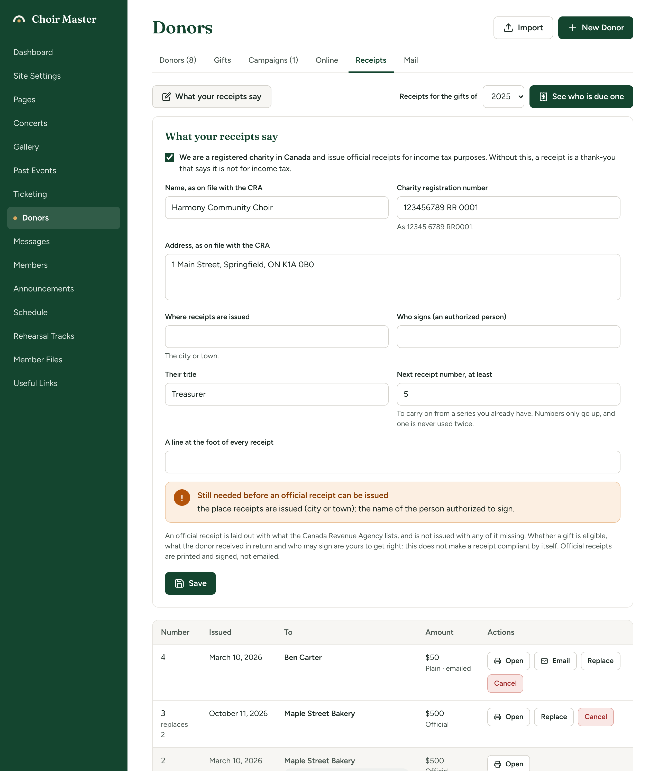 The 'What your receipts say' panel with the registered-charity box ticked, the charity fields filled in, and a warning headed 'Still needed before an official receipt can be issued'