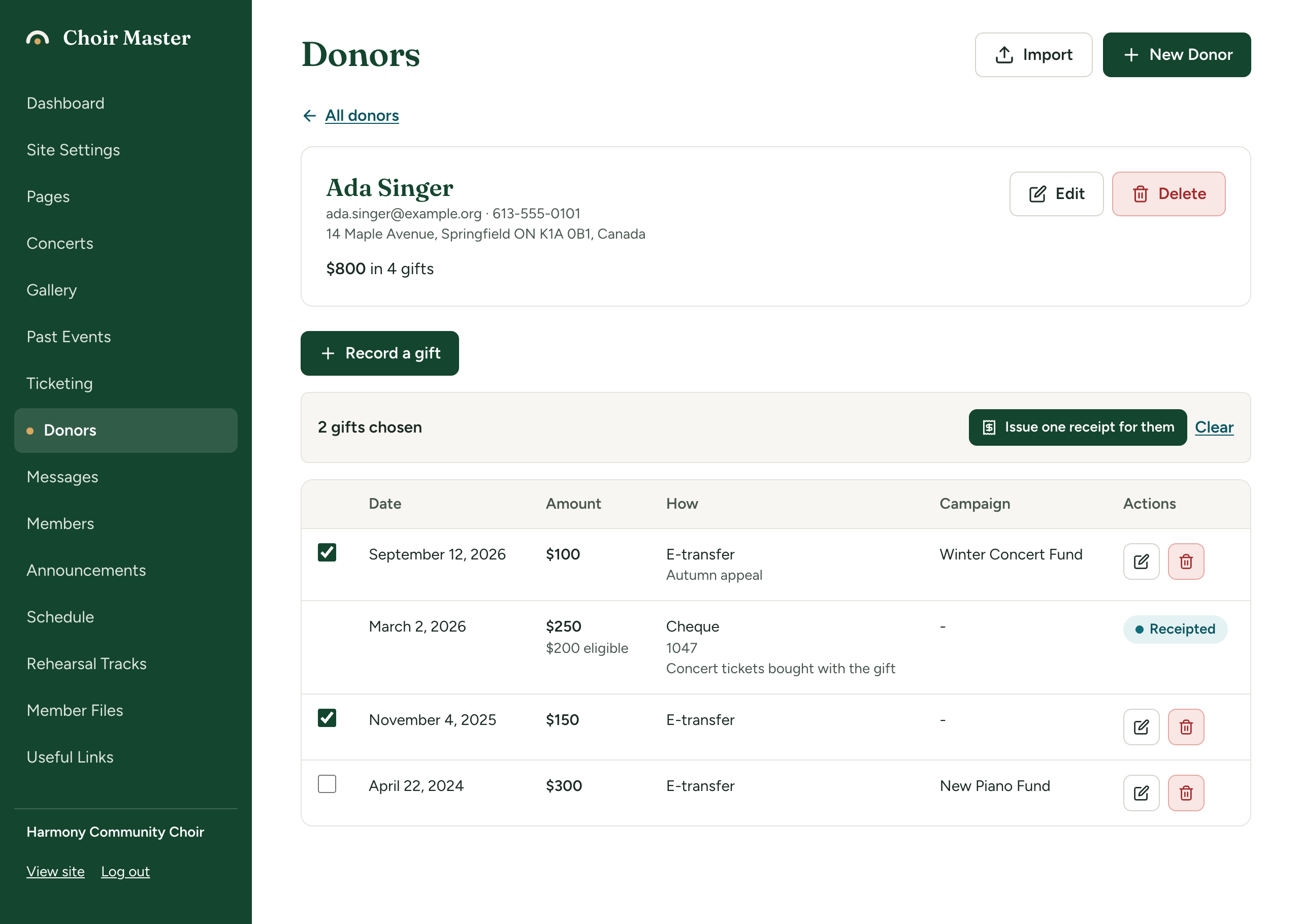 A donor's page with two gifts ticked, the bar '2 gifts chosen' and the button 'Issue one receipt for them'