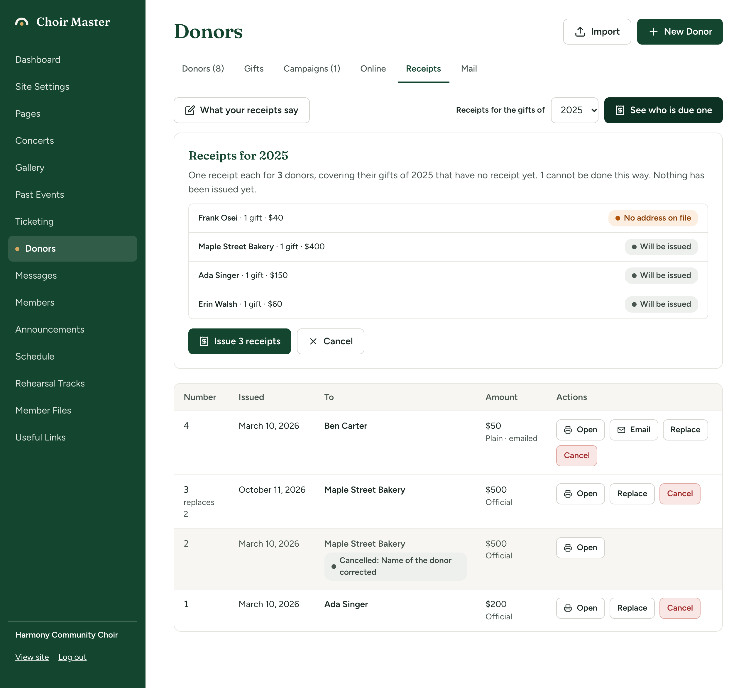 The 'Receipts for 2025' panel listing one donor labelled 'Will be issued' and another labelled 'No address on file', with the Issue button