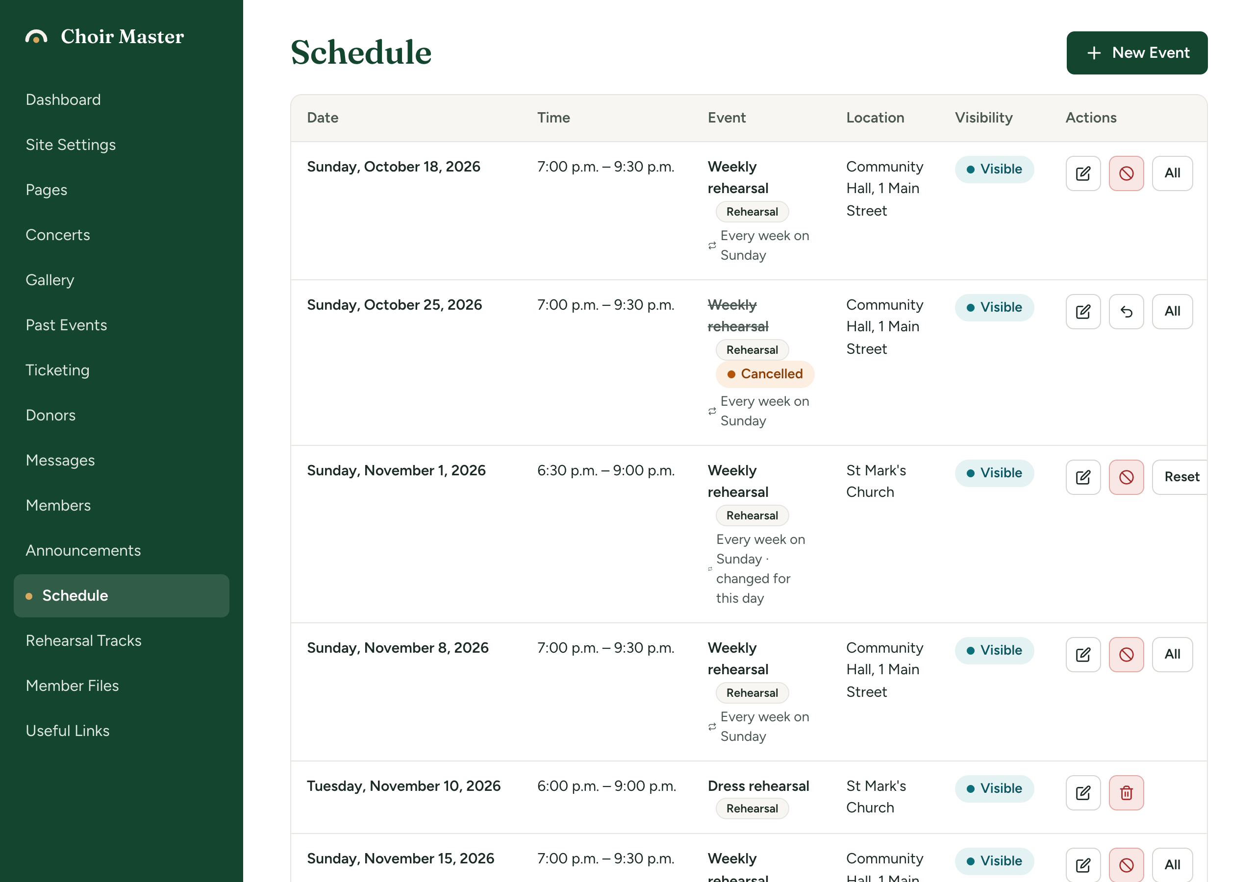 The Schedule table showing several days of a weekly rehearsal with their action buttons: one day marked Cancelled and one with the note changed for this day and a Reset button